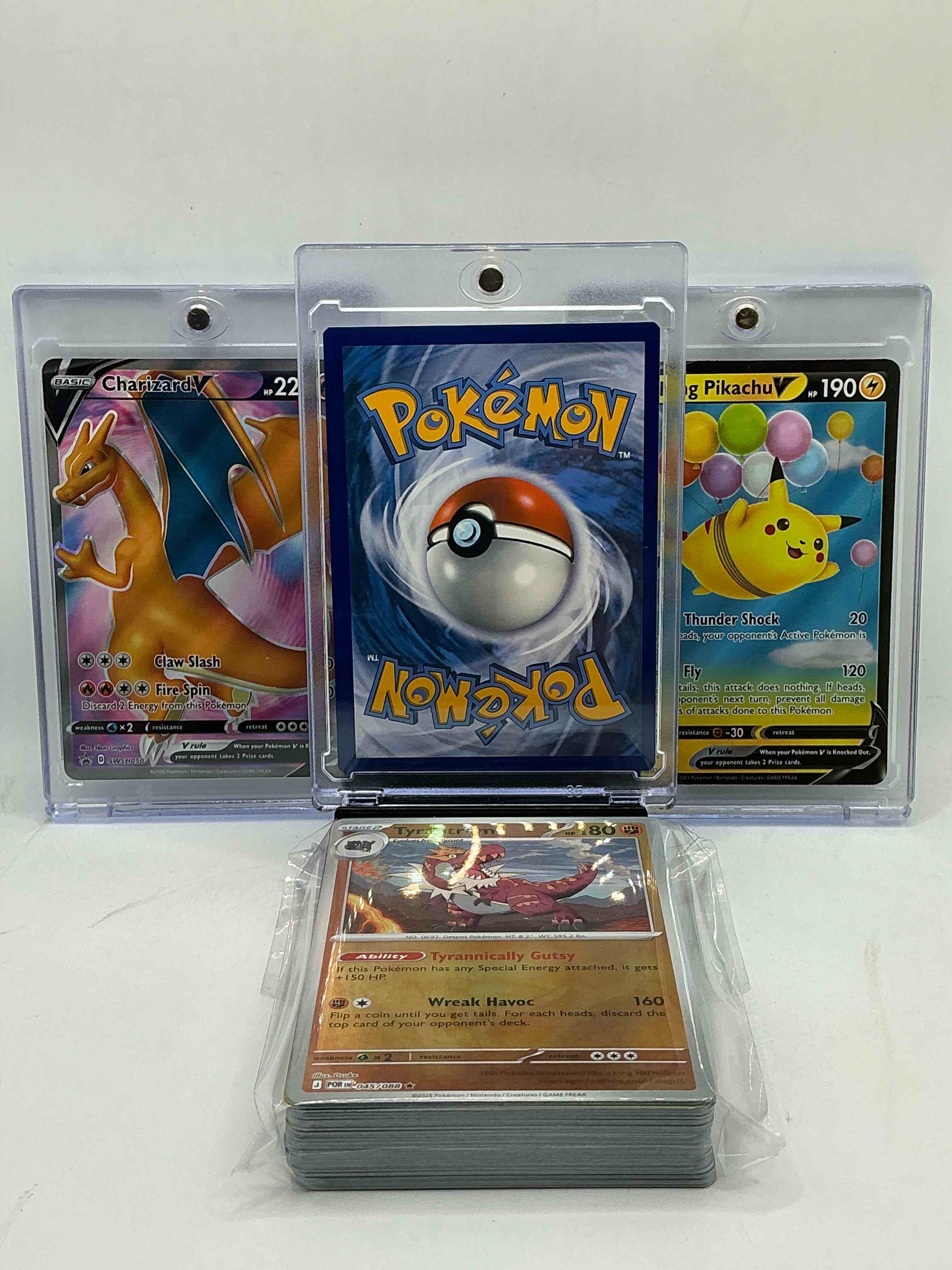 Condition photo showing New/Like New for lucario vstar! charizard v! flying pikachu v! along with 50 other pokémon heroes, holos, legends & commons- including holographic cards, stage 2 cards, holos in all forms & more! also includes 36 non holo common/ uncommon basic & first stage cards trainers & energy too! perfect set for collectors & enthusiasts!