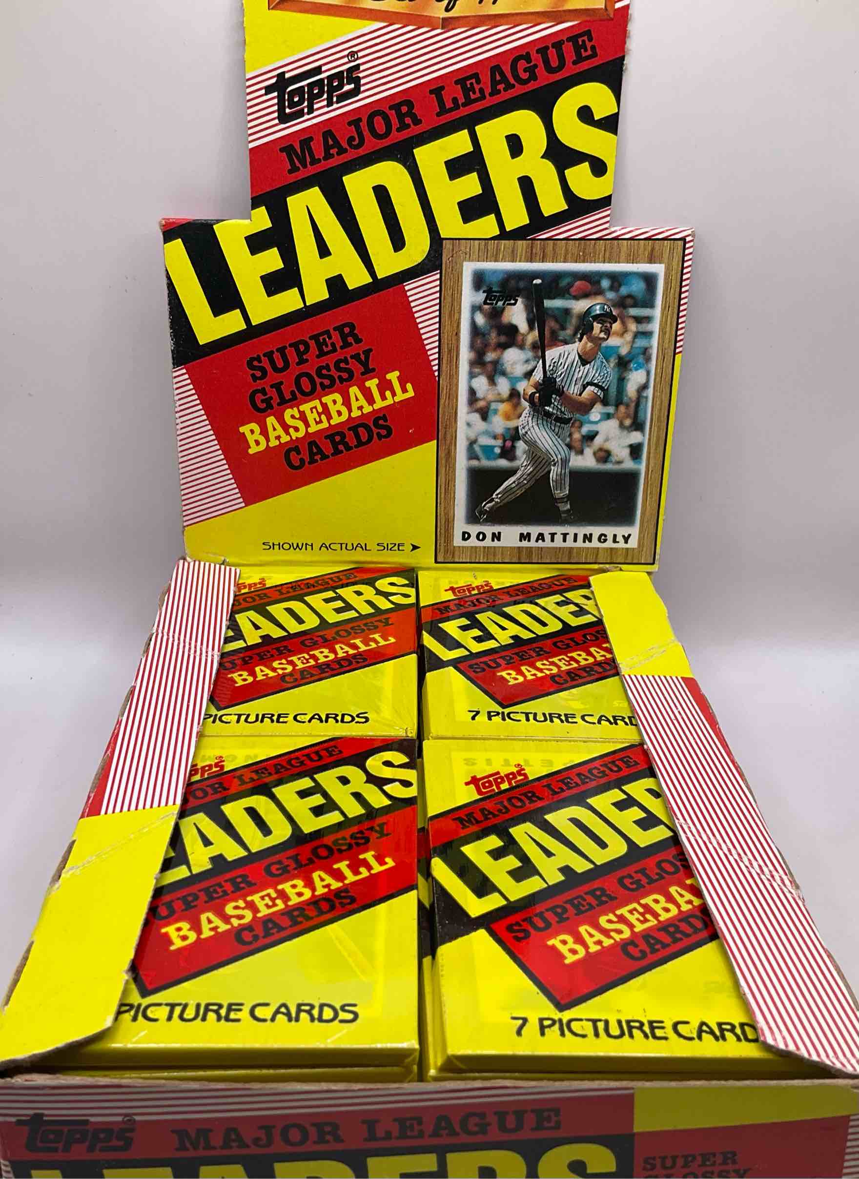Condition photo showing New/Like New for ultra rare! 1987 "mlb leaders" unopened miniature baseball collectible card packs, 6 cards per pack, direct from original retail case. super rare, impossible to find! like new condition!