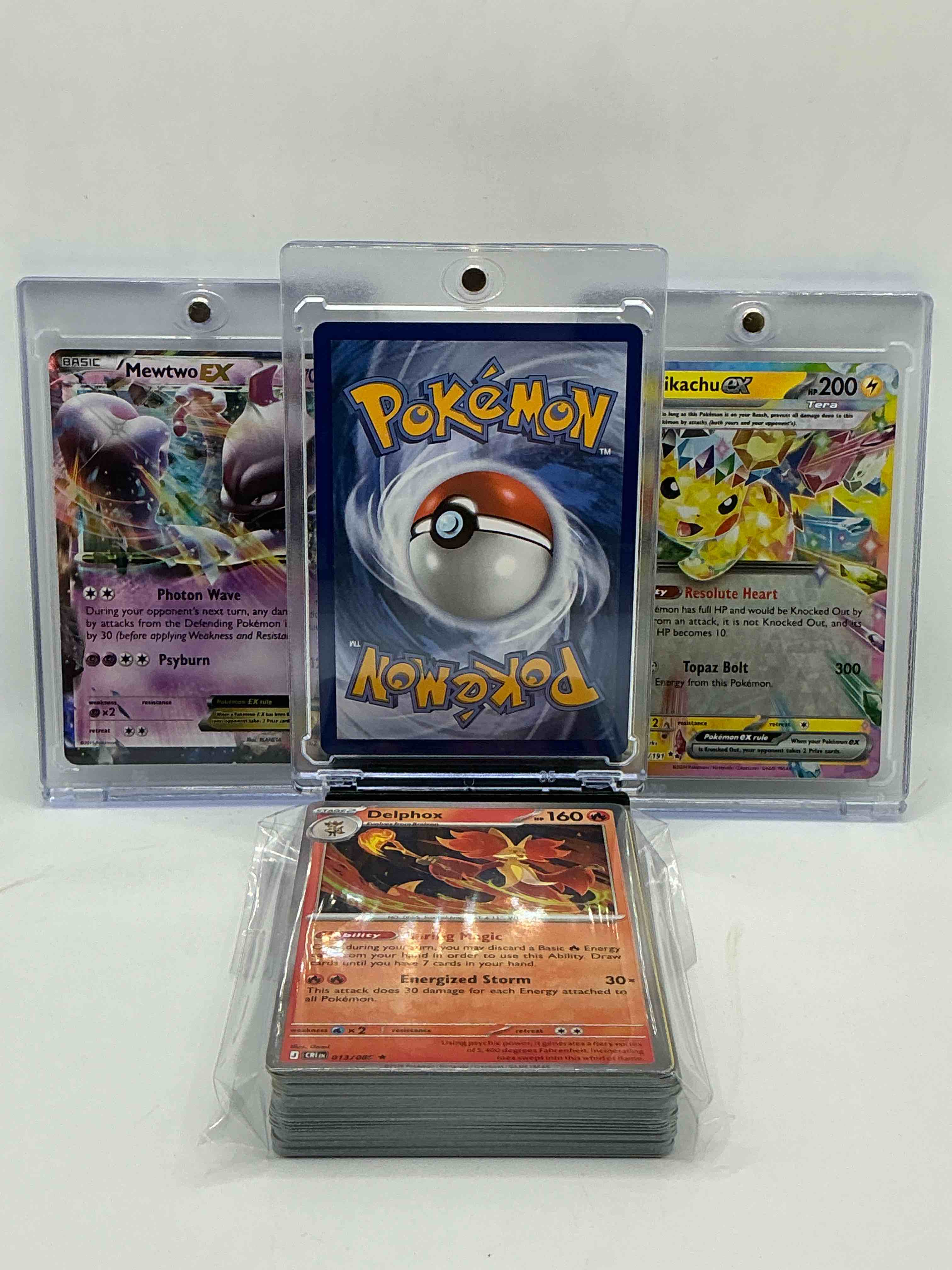 Condition photo showing New/Like New for mega charizard y ex! pikachu ex! mewtwo ex! along with 50 other pokémon heroes, holos, legends & commons- including holographic cards, stage 2 cards, holos in all forms & more! also includes 36 non holo common/ uncommon basic & first stage cards trainers & energy too! perfect set for collectors & enthusiasts!