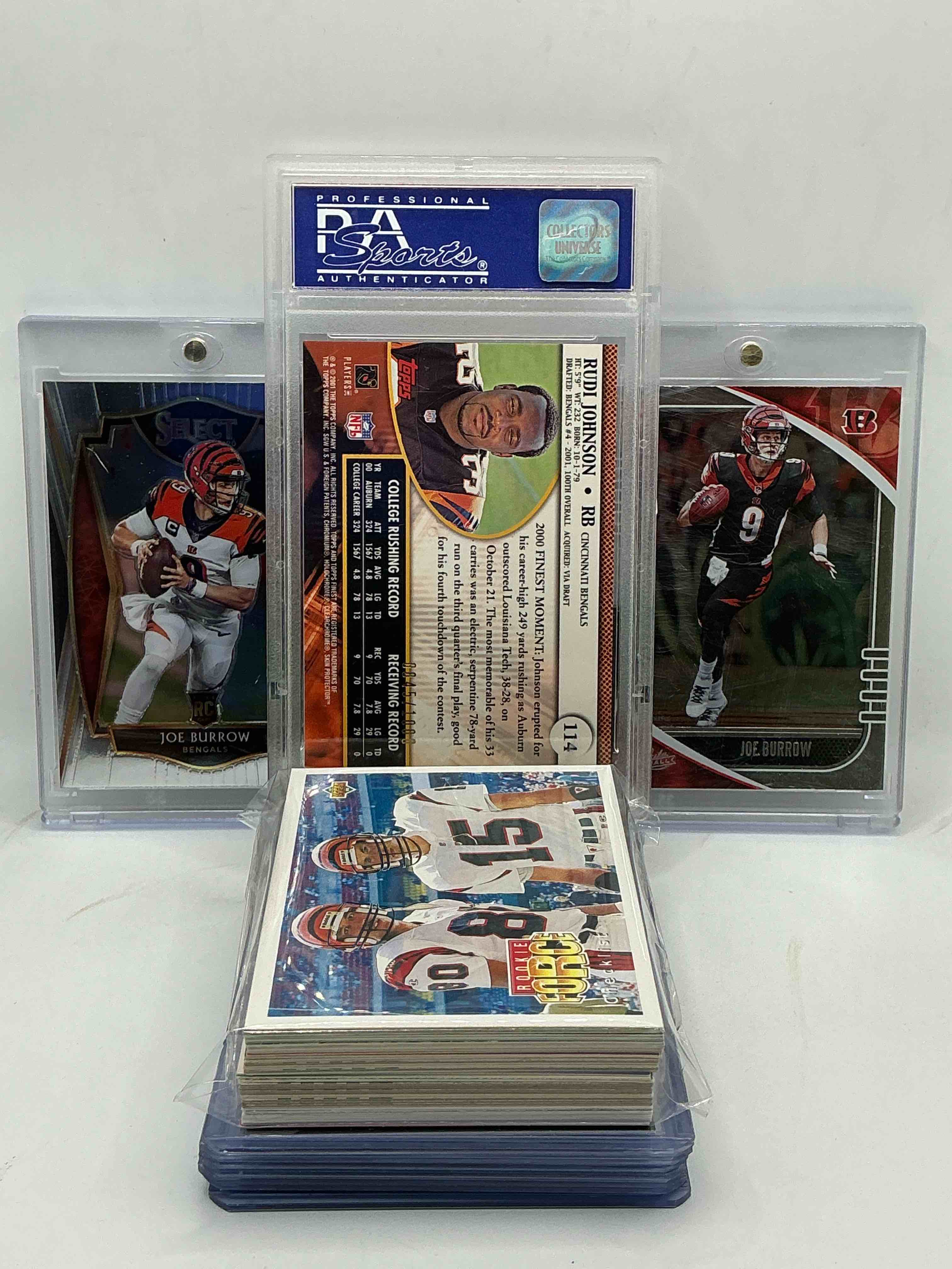 Condition photo showing New/Like New for bengals bonanza! 2001 gem mint 10 rookie rudi johnson! select & absolute joe burrow rookies! along with 50 bengals heroes, rookies, legends & commons!
