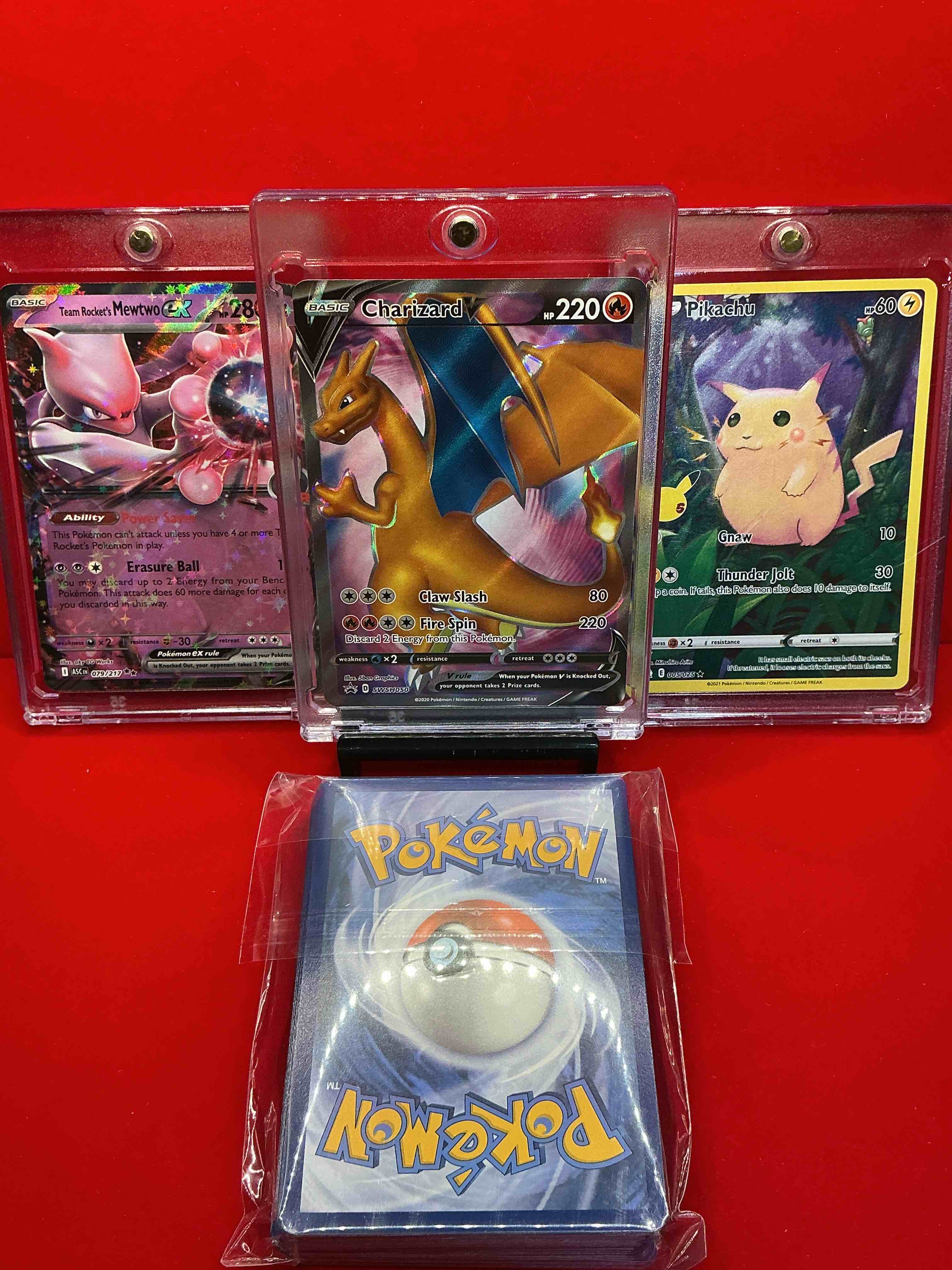 Condition photo showing New/Like New for charizard v! mewtwo ex! pikachu! pokémon party! acquire these legends along with 50 other pokémon heroes, holos, legends & commons- including holographic cards, stage 2 cards, holos in all forms & more! also includes 36 non holo common/ uncommon basic & first stage cards trainers & energy too! perfect set for collectors & enthusiasts!