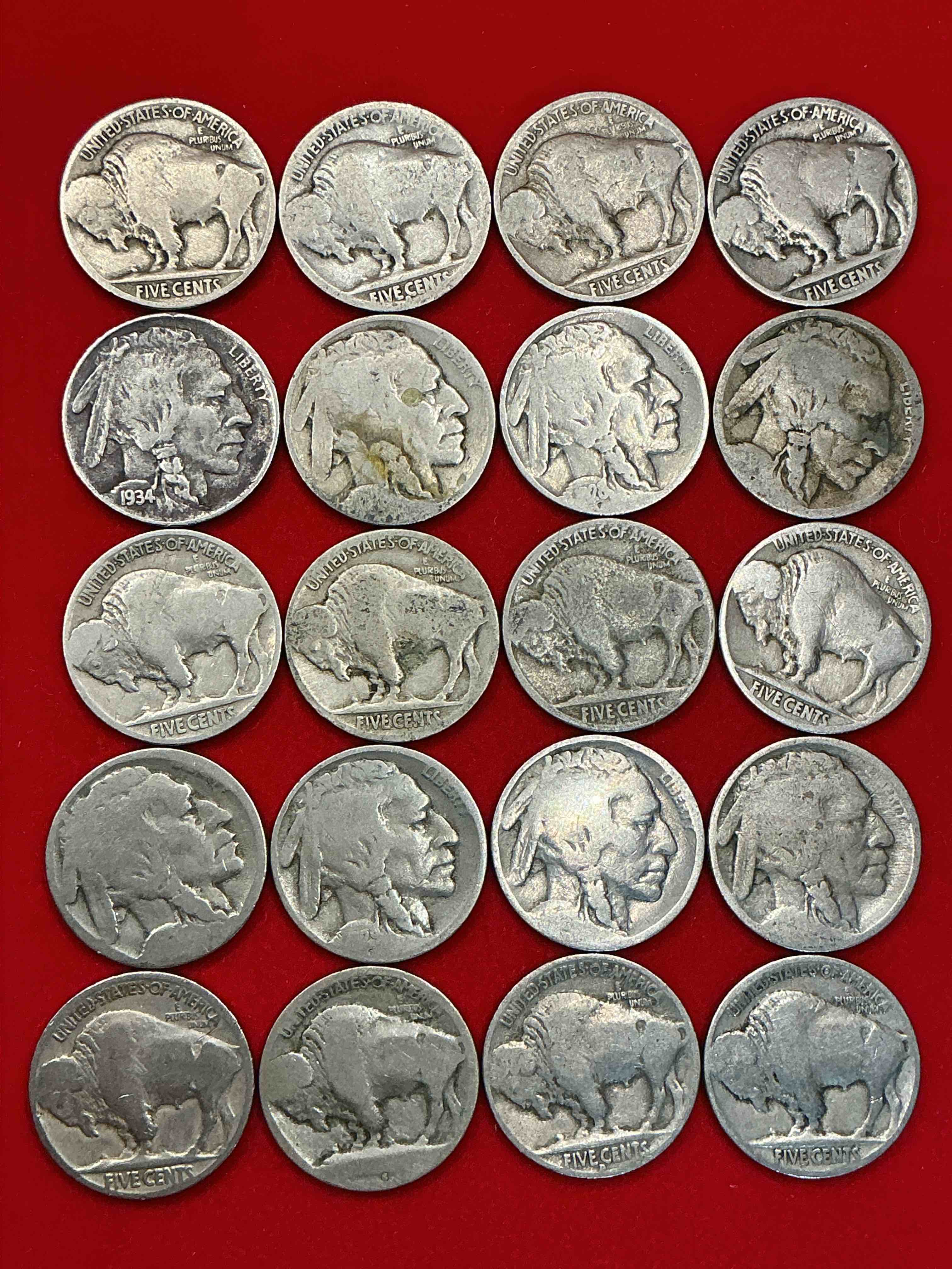 Condition photo showing Good Condition for historic buffalo nickels! indian head buffalo nickels were minted from 1913 to 1938 & have become a favorite for coin collectors around the world! own pieces of american history with these cool indian head buffalo nickels in circulated condition, most with visible dates which is very rare for buffalo nickels!