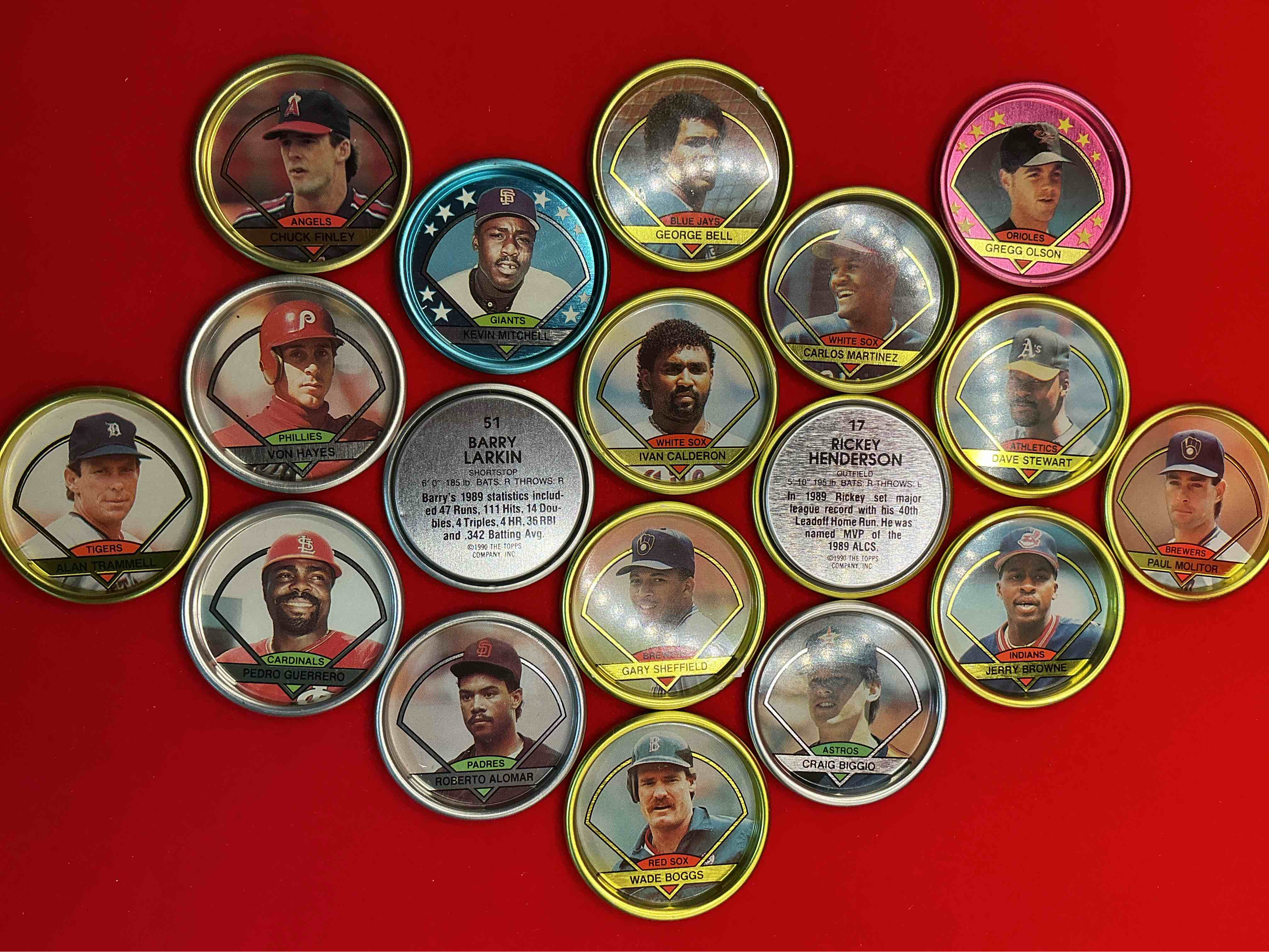 Condition photo showing New/Like New for cool coin collectibles! these 1990 topps player coins are truly one of a kind! find legendary players like barry larkin & rickey henderson! as well as other star players from the 90’s! bid on these unique pieces of sports memorabilia from the 90’s!