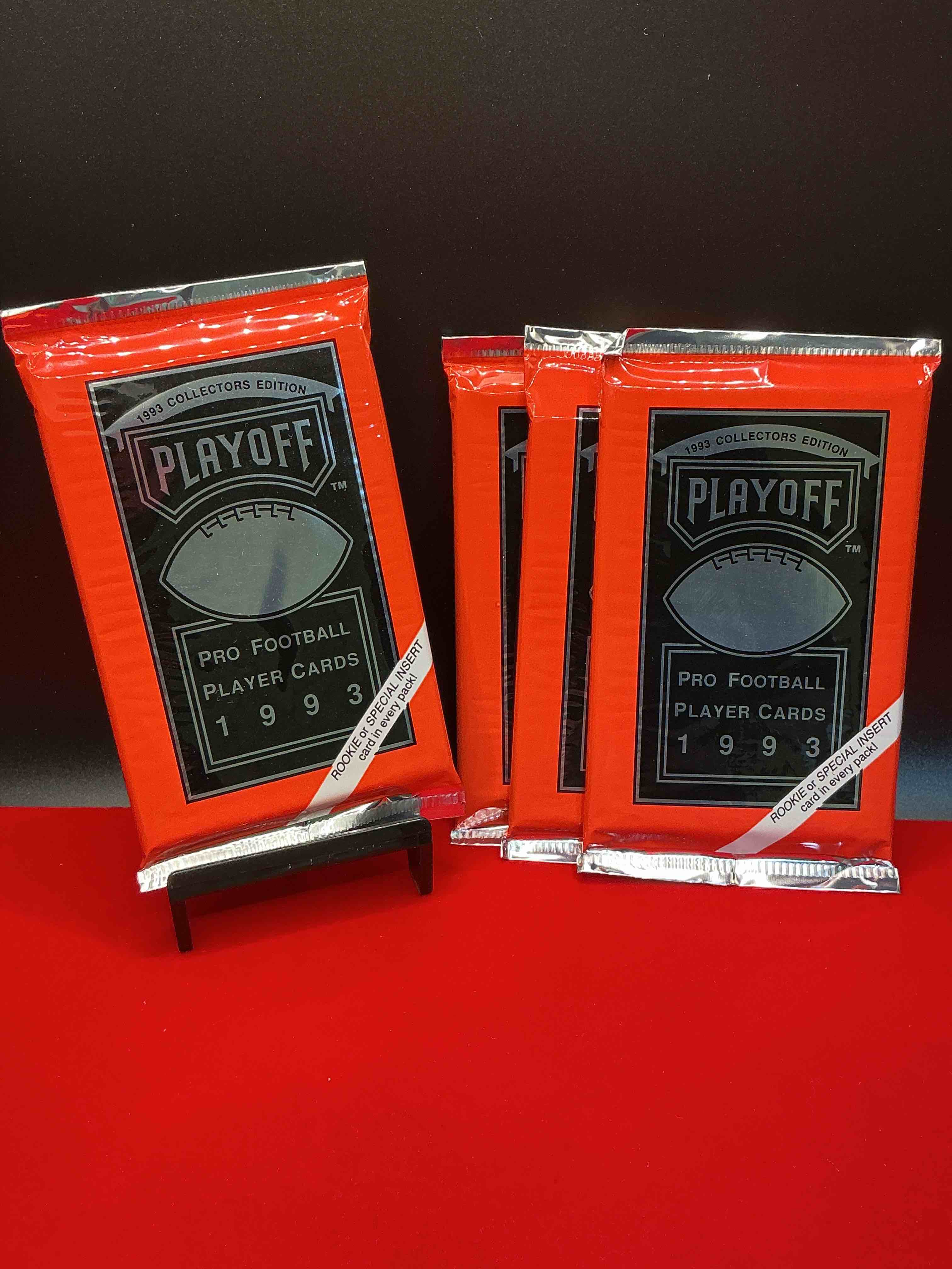 beautiful & super rare 1993 playoff football unopened packs, direct from chrome display box! these packs have at least one special insert or rookie in each pack! search for troy aikman, emmitt smith, barry sanders, jerry rice & more!