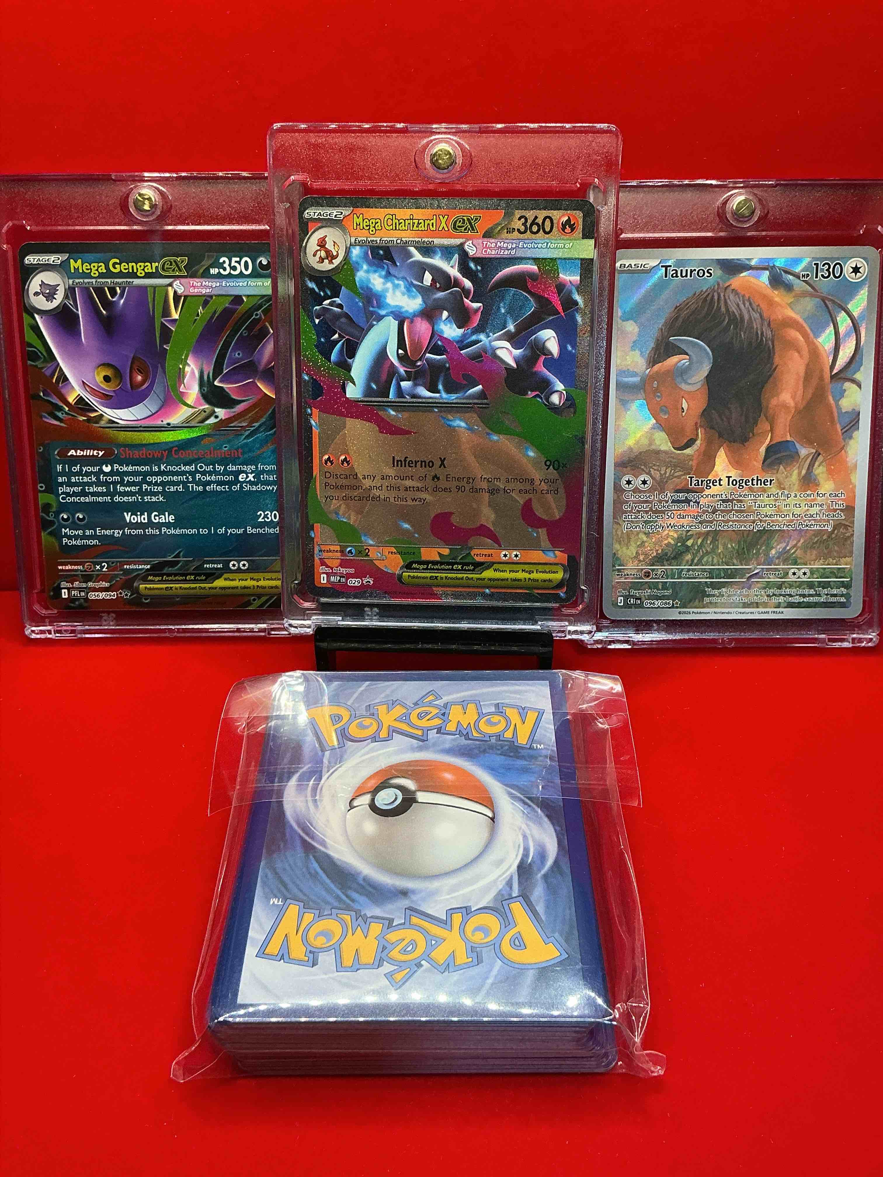 Condition photo showing New/Like New for mega charizard x ex! mega gengar ex! tauros(full art!) bid on these highly sought after legends along with 50 other pokémon heroes, holos, legends & commons- including holographic cards, stage 2 cards, holos in all forms & more! also includes 36 non holo common/ uncommon basic & first stage cards trainers & energy too! perfect set for collectors & enthusiasts!