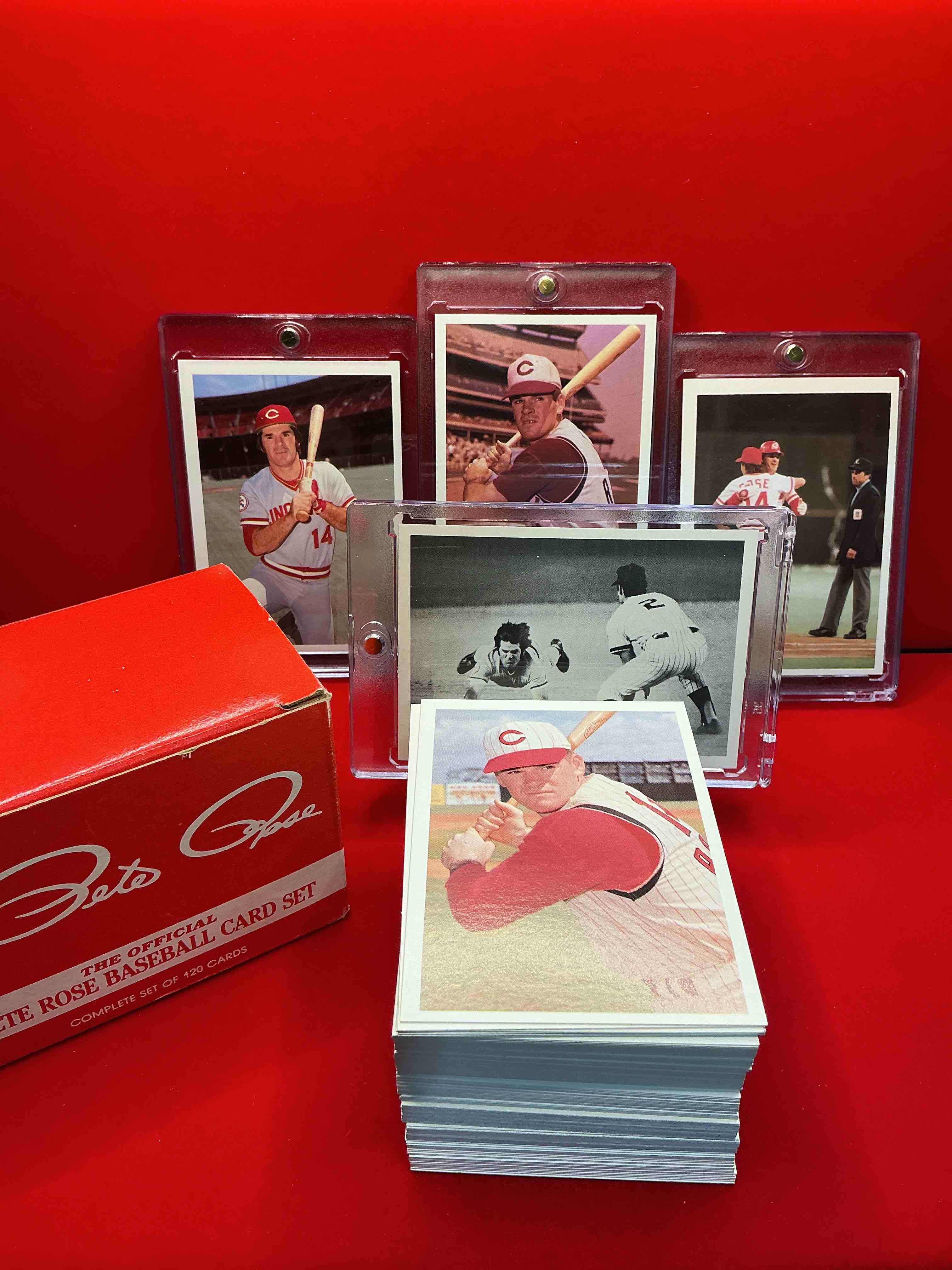 rare pete rose 1985 wow!  ultra rare, authentic, official mlb pete rose baseball cards,  complete 120 card set with original box!  bid is per card.  your chance to own very rare, original pete rose memorabilia from 1985!