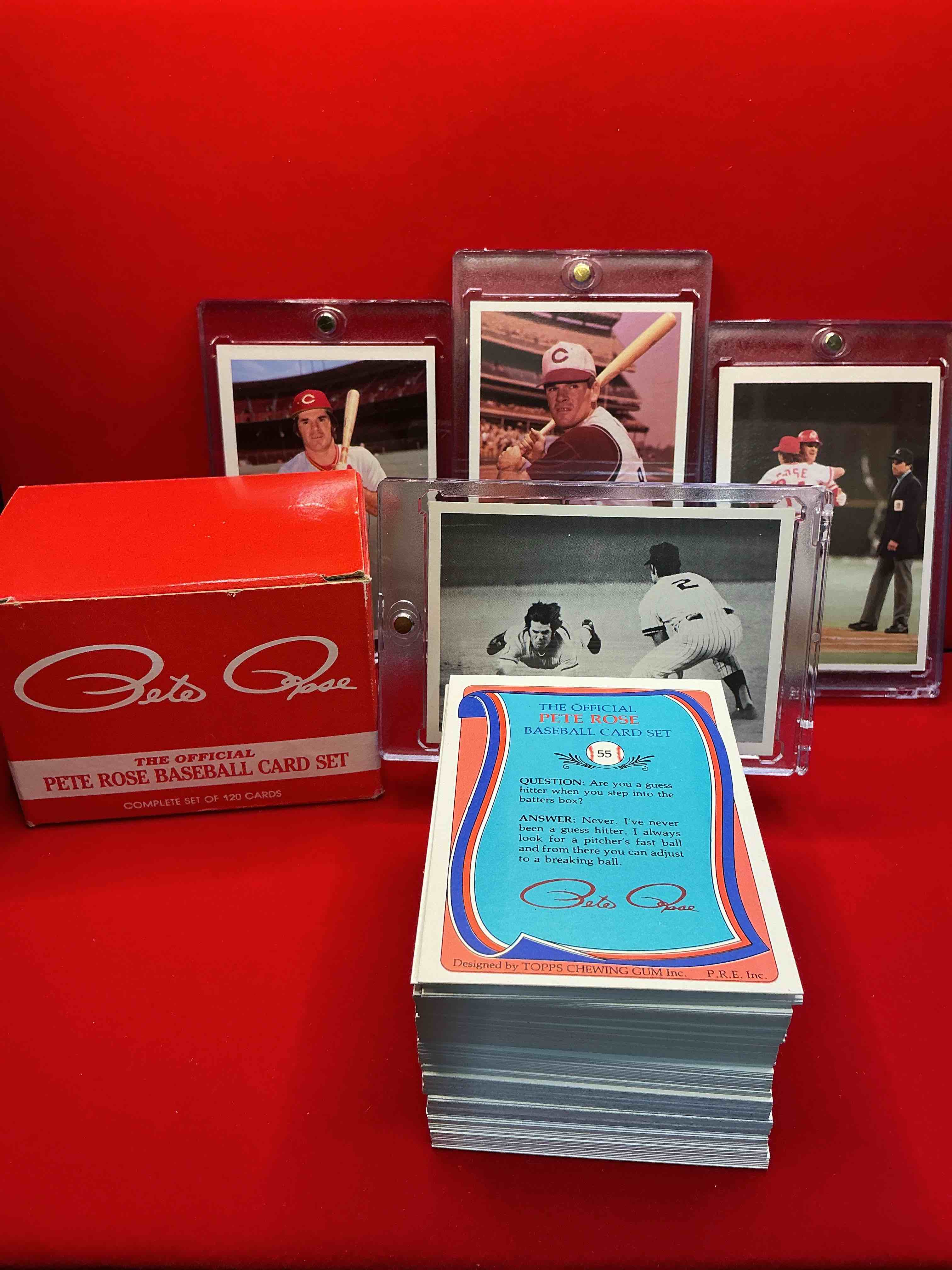 Condition photo showing New/Like New for rare pete rose 1985 wow!  ultra rare, authentic, official mlb pete rose baseball cards,  complete 120 card set with original box!  bid is per card.  your chance to own very rare, original pete rose memorabilia from 1985!