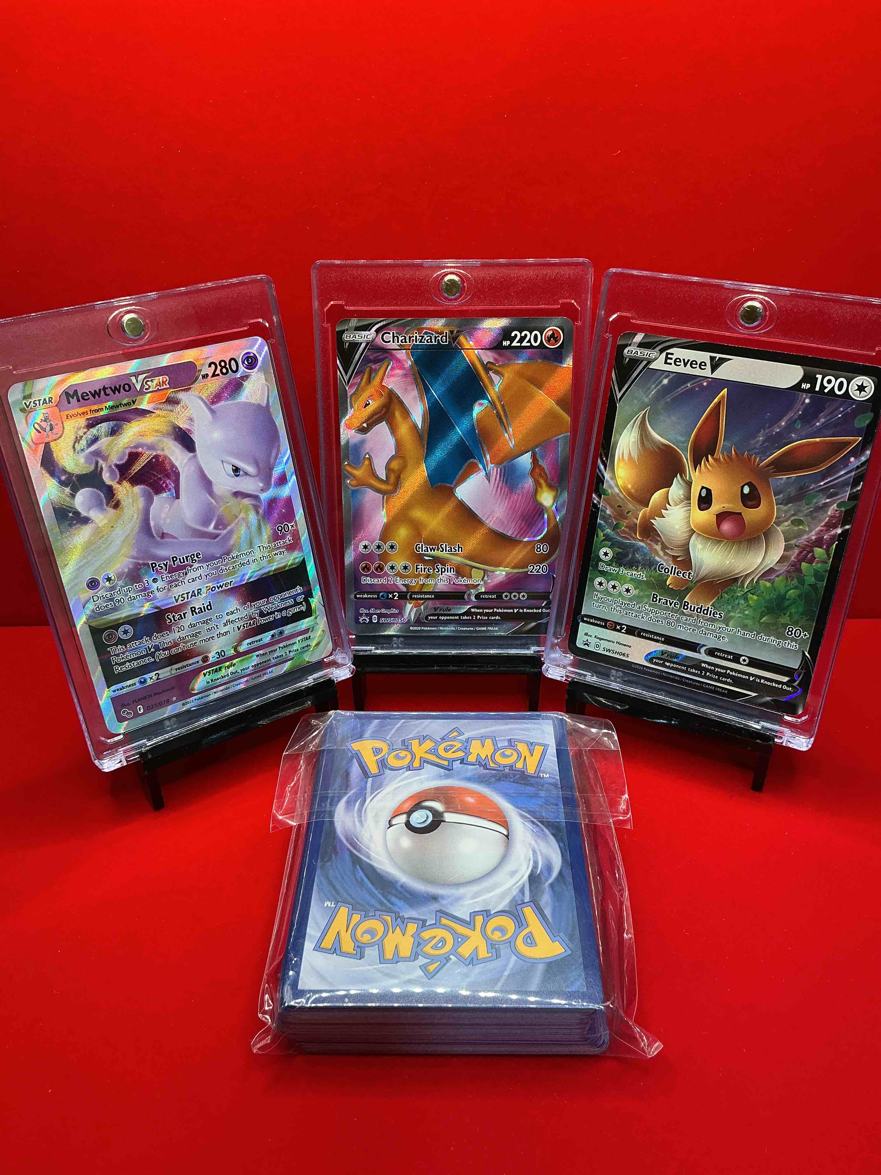 Condition photo showing New/Like New for charizard v! mewtwo v star! eevee v(full art!!) get these pokémon legends along with 50 other pokémon heroes, holos, legends & commons- including holographic cards, stage 2 cards, holos in all forms & more! also includes 36 non holo common/ uncommon basic & first stage cards trainers & energy too! perfect set for collectors & enthusiasts!