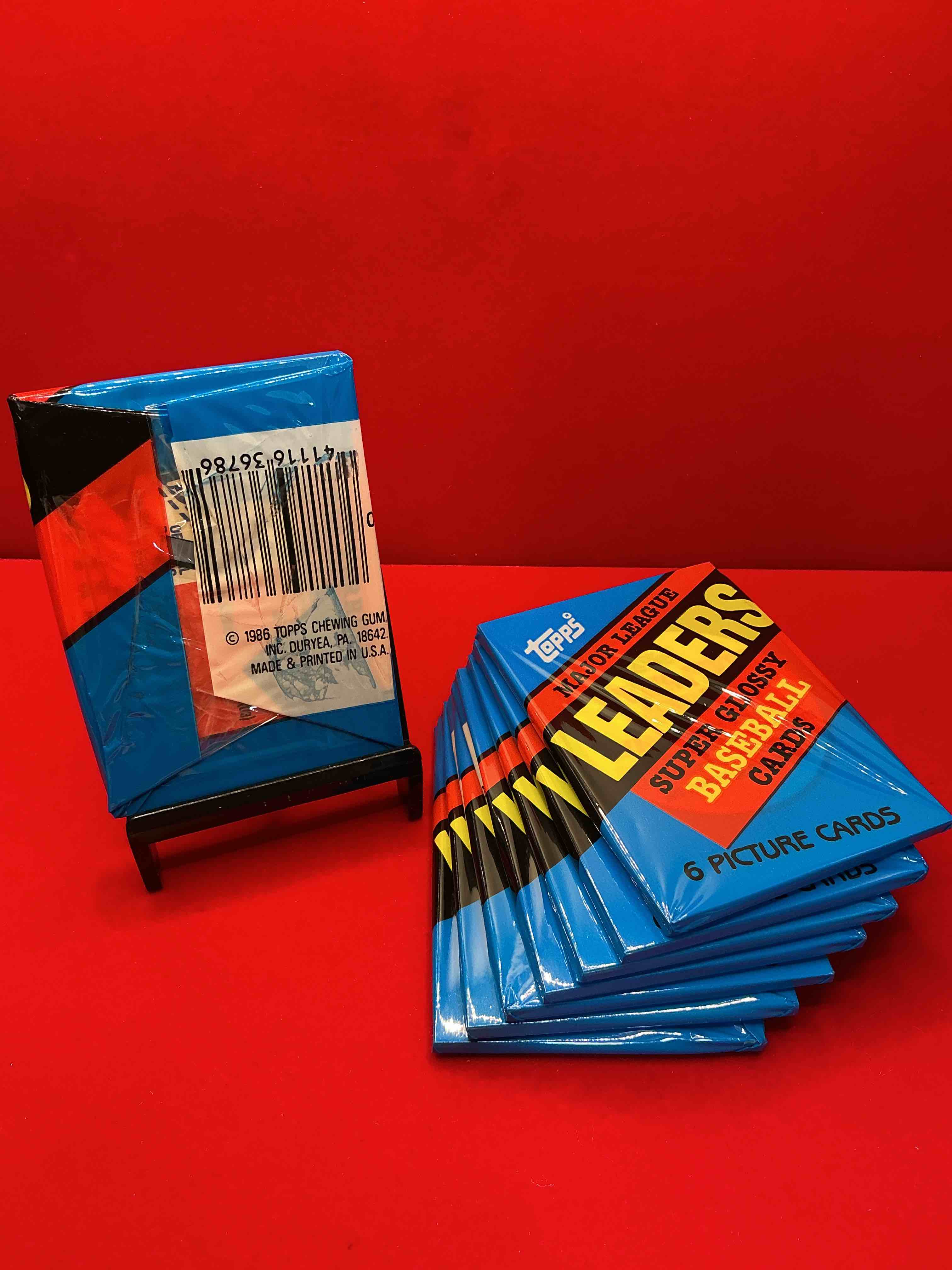 Condition photo showing New/Like New for ultra rare! 1986 "mlb leaders" unopened miniature baseball collectible card packs, 6 cards per pack, direct from original retail case. super rare, impossible to find! like new condition!