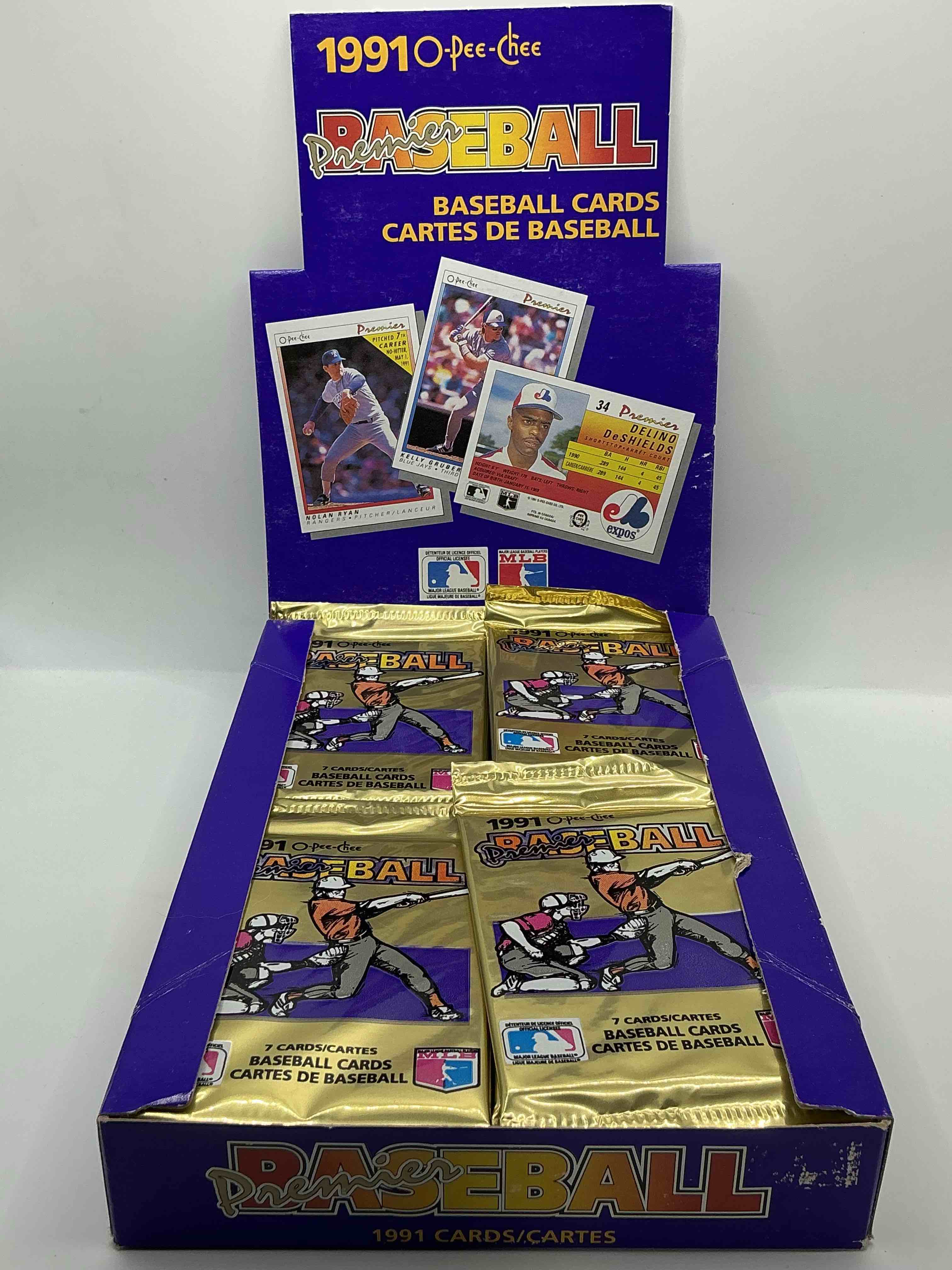 Condition photo showing New/Like New for 1991 premier baseball o-pee-chee unopened packs, direct from box! rare canadian sports cards with the chance for some great cards inside! baseball extravaganza!