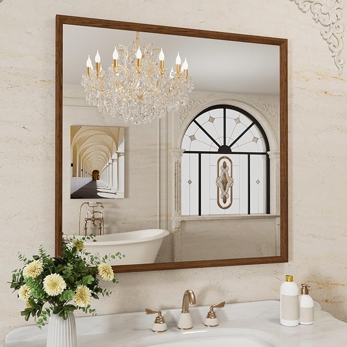weer walnut bathroom mirror, walnut framed mirror 36x36 inch, rectangle wall mounted bathroom vanity mirror with tempered glass, hangs vertically or horizontally, anti-rust