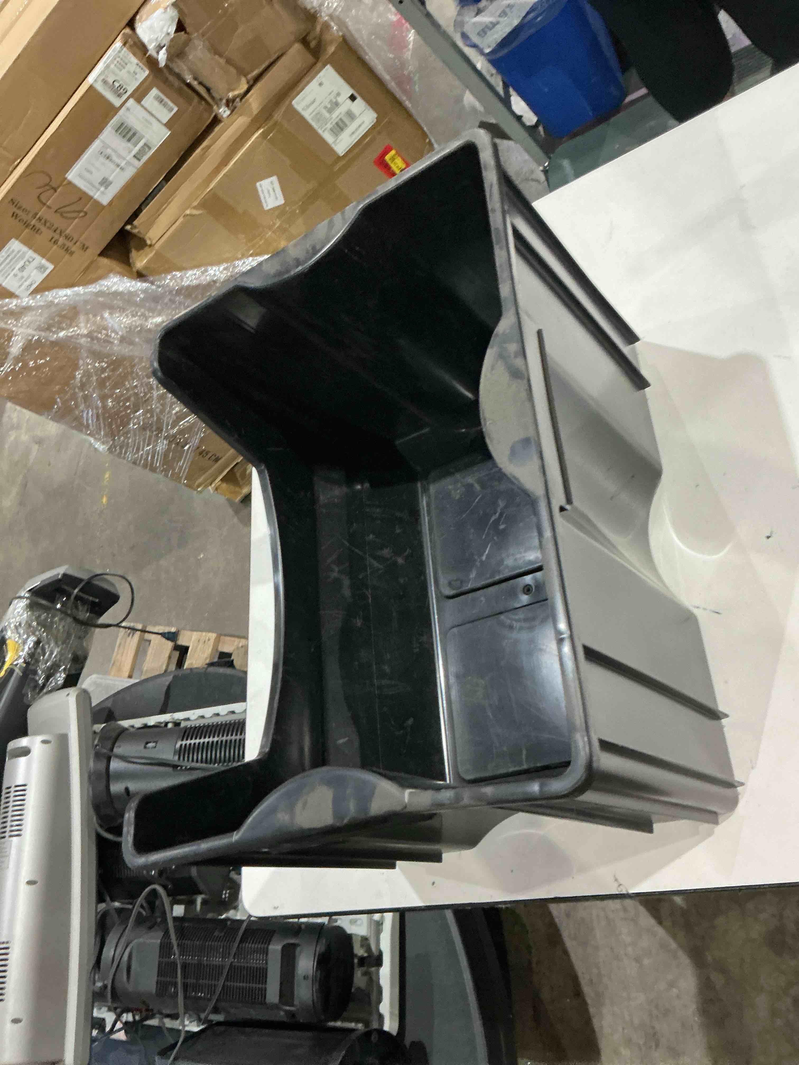 Condition photo showing As Is for black plastic storage bin 