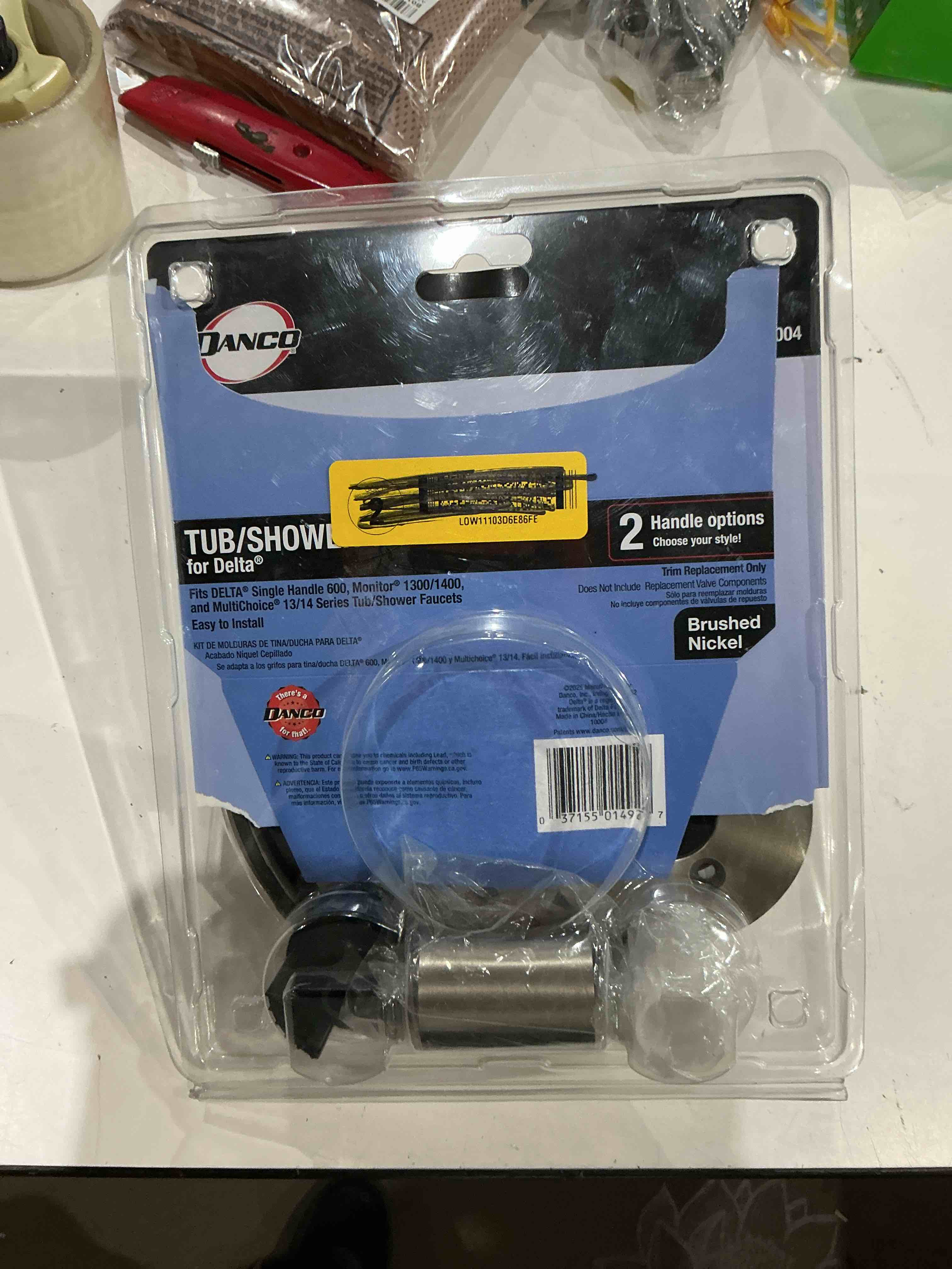 Condition photo showing As Is for danco 10004 trim kit, for use with delta tub and shower faucets, plastic, brushed nickel