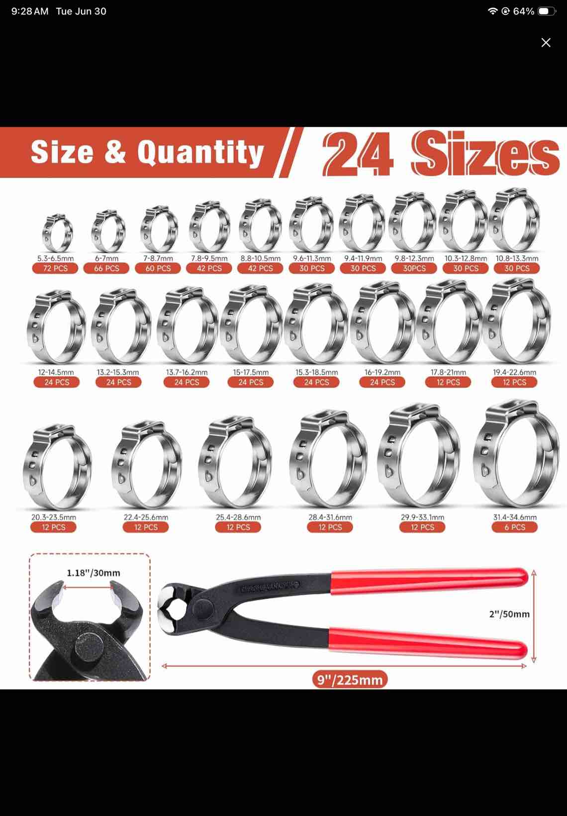Condition photo showing Good Condition for akihisa 666pcs single ear hose clamps, 24 sizes 5.3-34.6mm 304 stainless steel ear clamps crimp hose clamps cinch rings assortment kit for automotive, pipe, plumbing