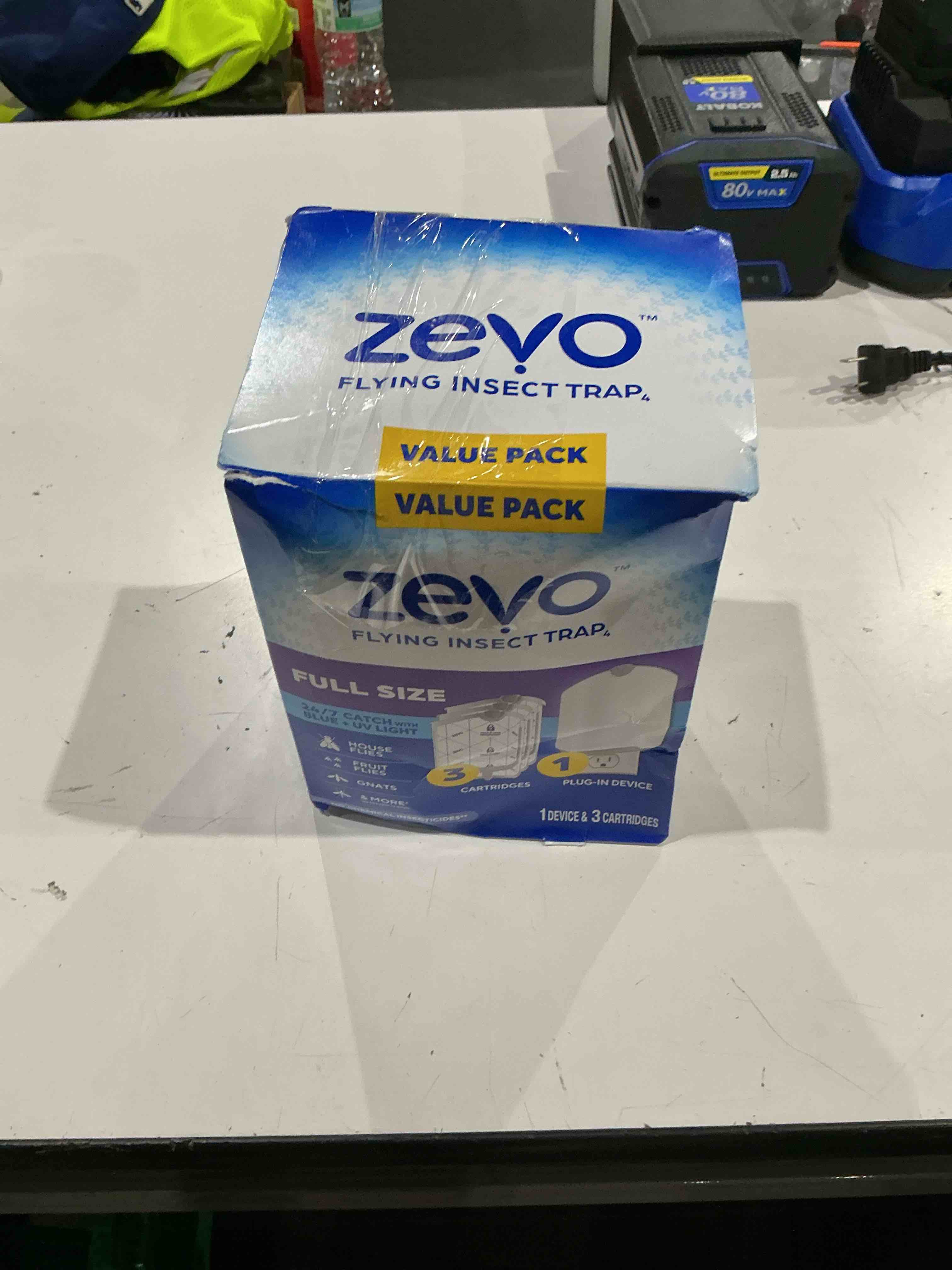 Condition photo showing Good Condition for zevo flying insect trap & 3 refill cartridges - plug in fly trap & indoor bug catcher for gnats, house & fruit flies - blue & uv light technology, mess-free alternative to bug zapper 1 device & 3 cartridges