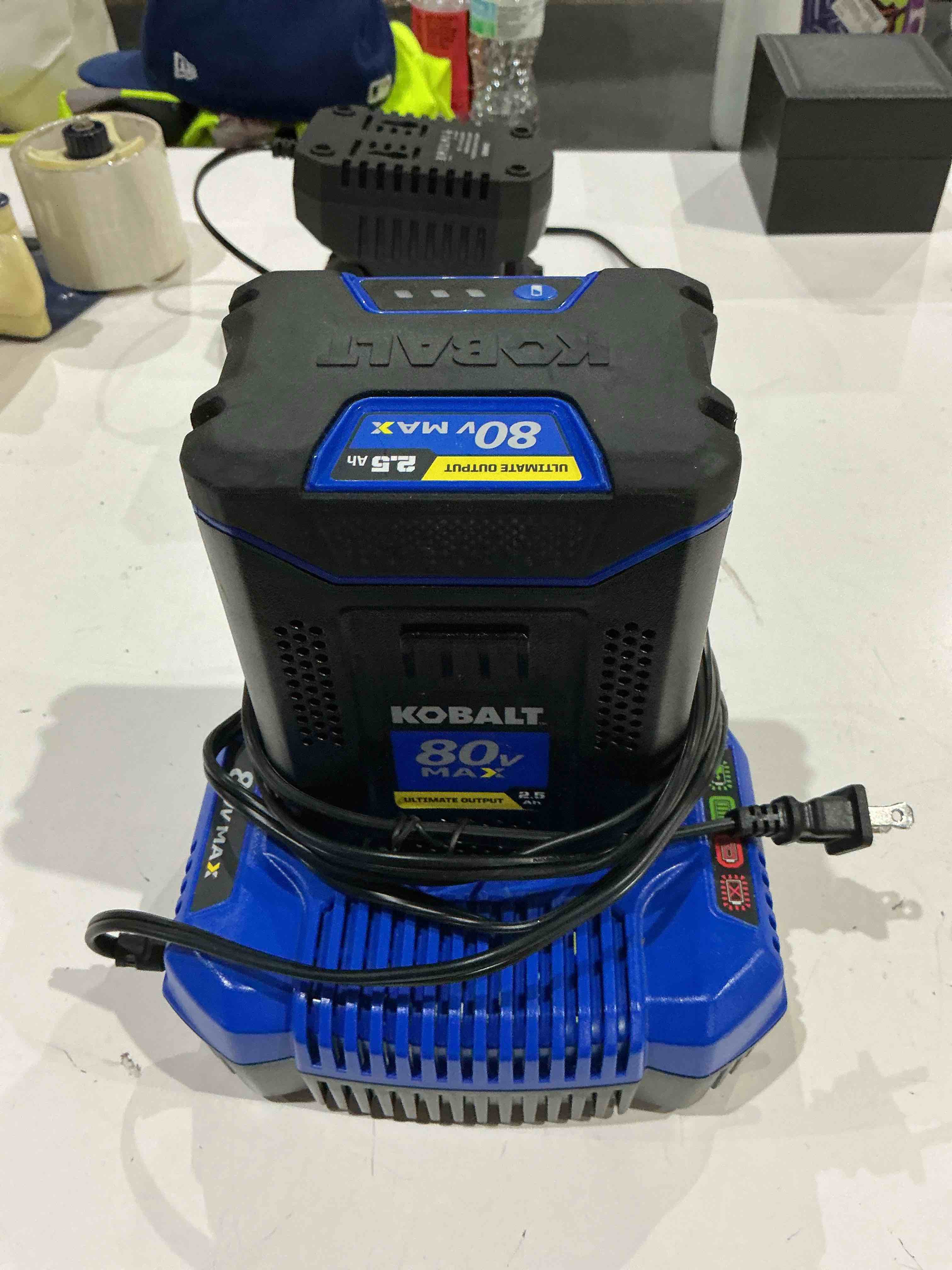 Condition photo showing As Is for 80v 5.0ah battery replacement for kobalt 80v max battery,with rapid charger station,compatible with kb2580-06 kb680-06 kb580-06 kb480-06 krc80-60 krc30-60 blue