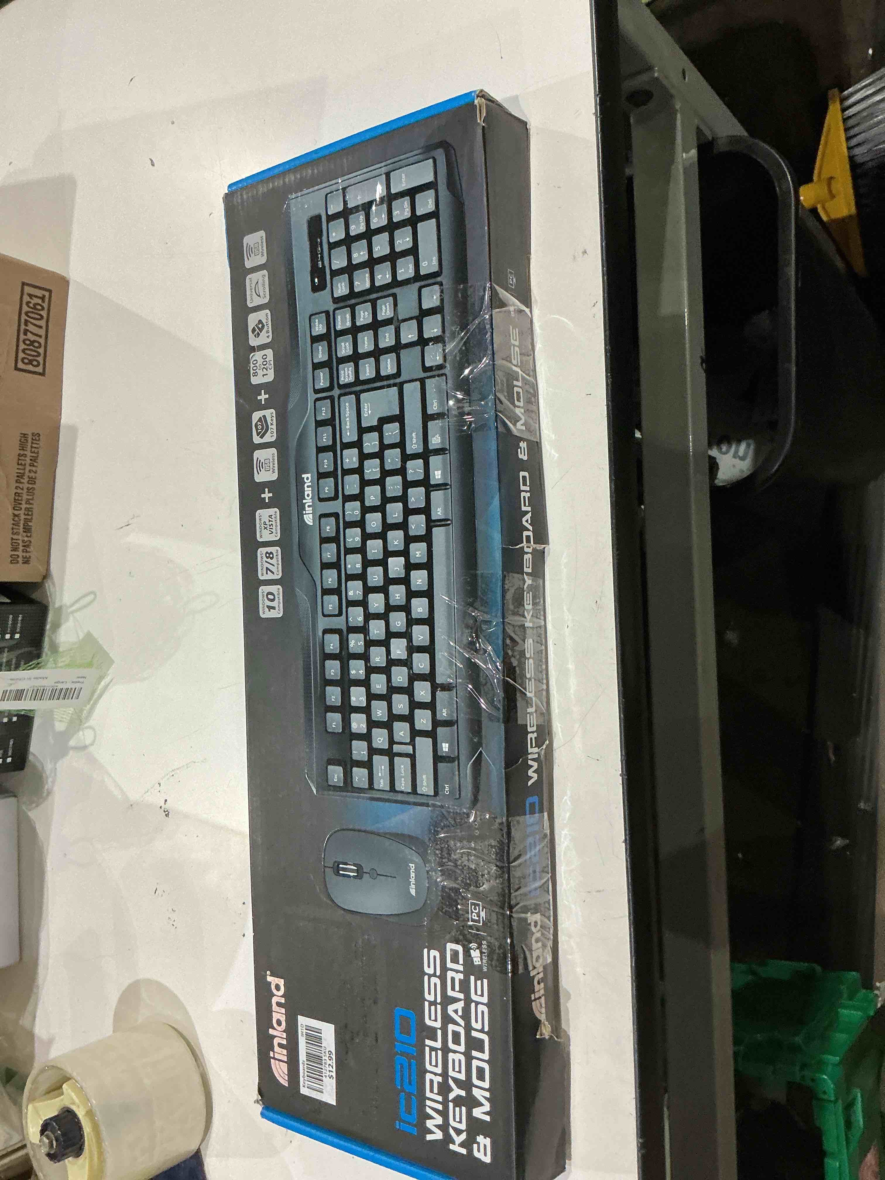 Condition photo showing As Is for inland ic210 wireless keyboard and mouse combo featuring a black, full-size keyboard and ambidextrous mouse.