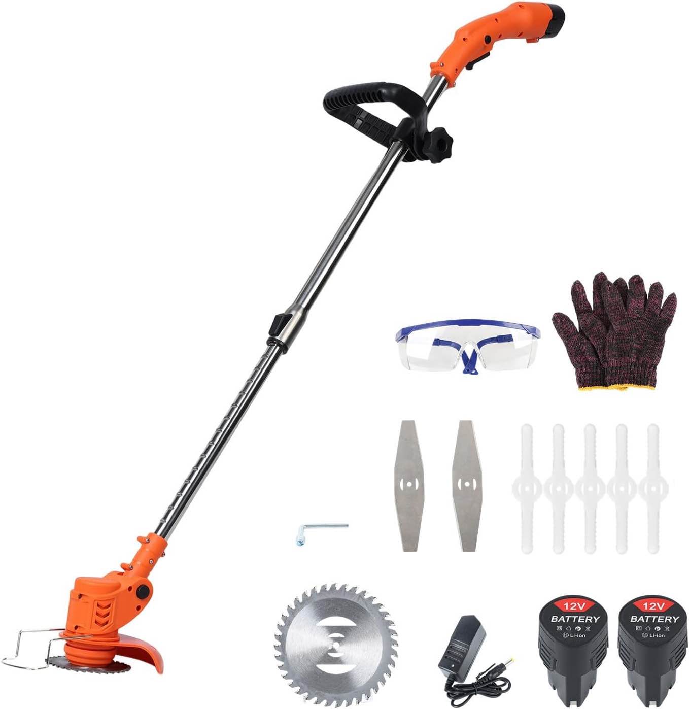 cordless weed wacker, 2 x 2ah battery powered weed eater, 12v electric weed wacker with charger, telescopic rod lawn mower, handheld string trimmer for lawn garden