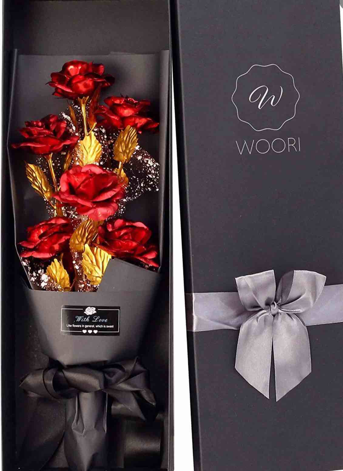 woori gold roses bouquet, gold plated artificial rose golden foil rose, forever gifts for her valentine's day anniversary wedding mothers day birthday gift and proposal red and gold