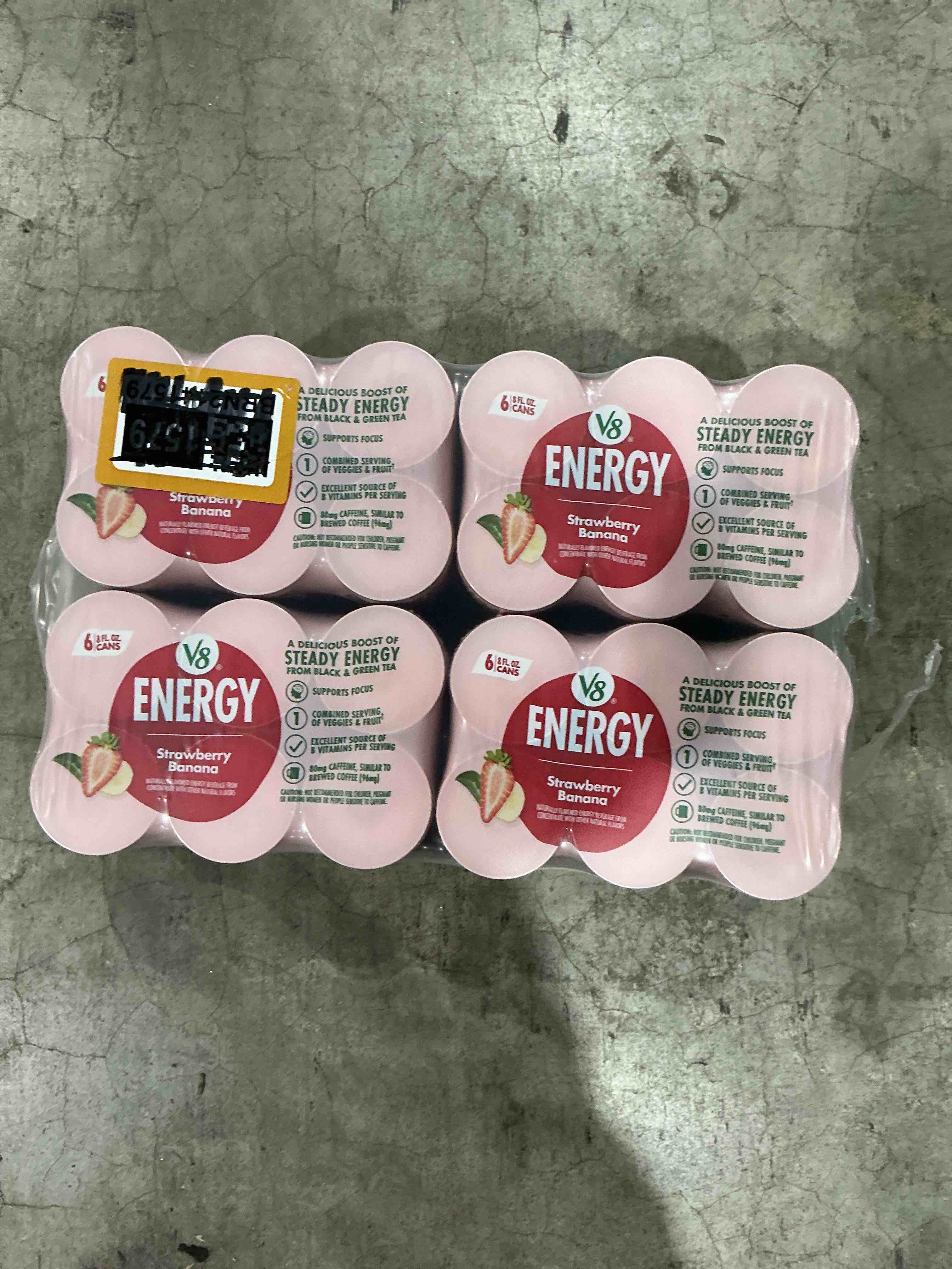 Condition photo showing New/Like New for v8 energy strawberry banana energy drink 4 packs of 6 cans