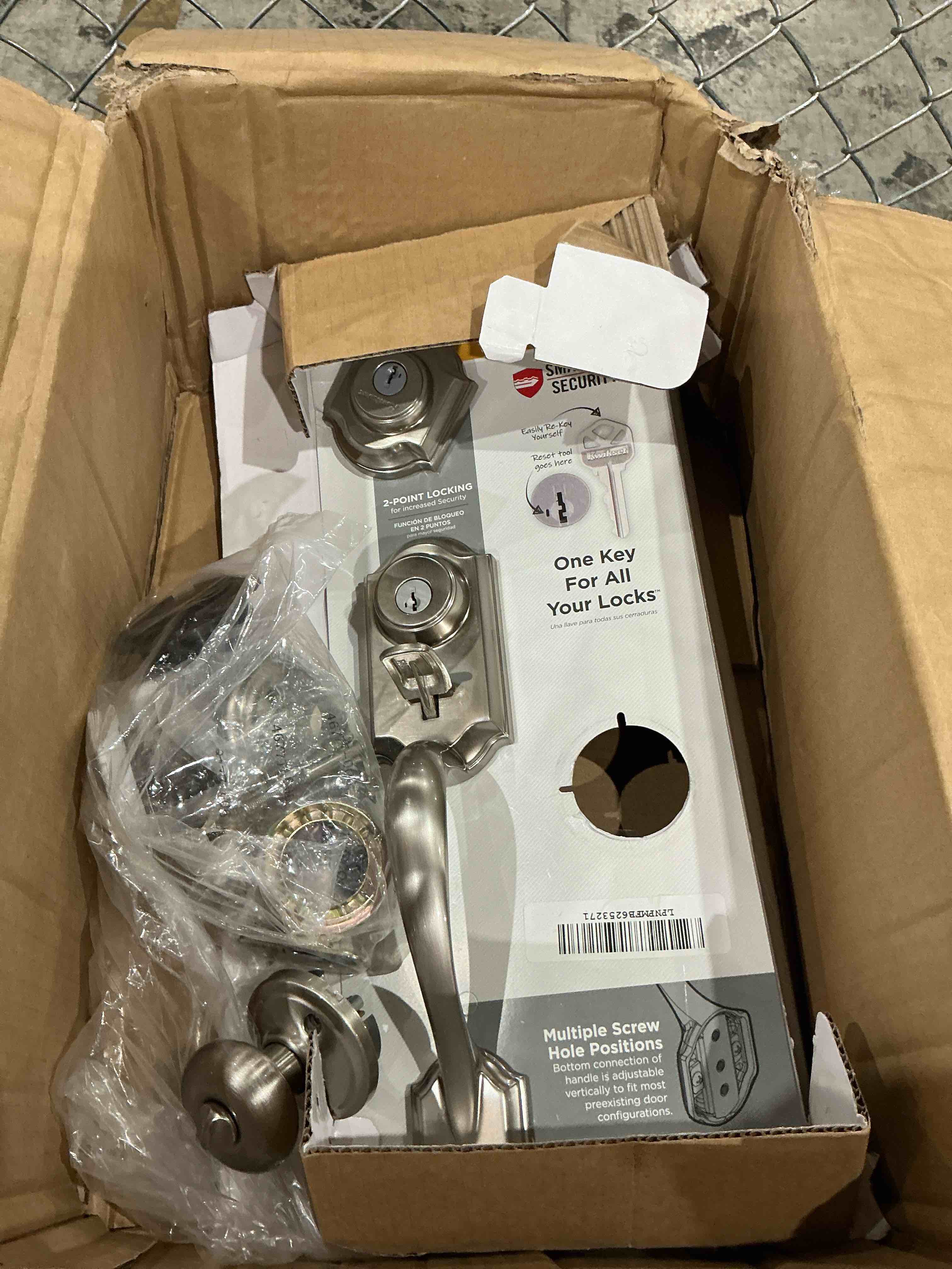 Condition photo showing As Is for kwikset montara front door lock handle and deadbolt set, entry handleset exterior with interior doorknob, satin nickel, pick resistant smartkey rekey deadbolt security, with microban protection