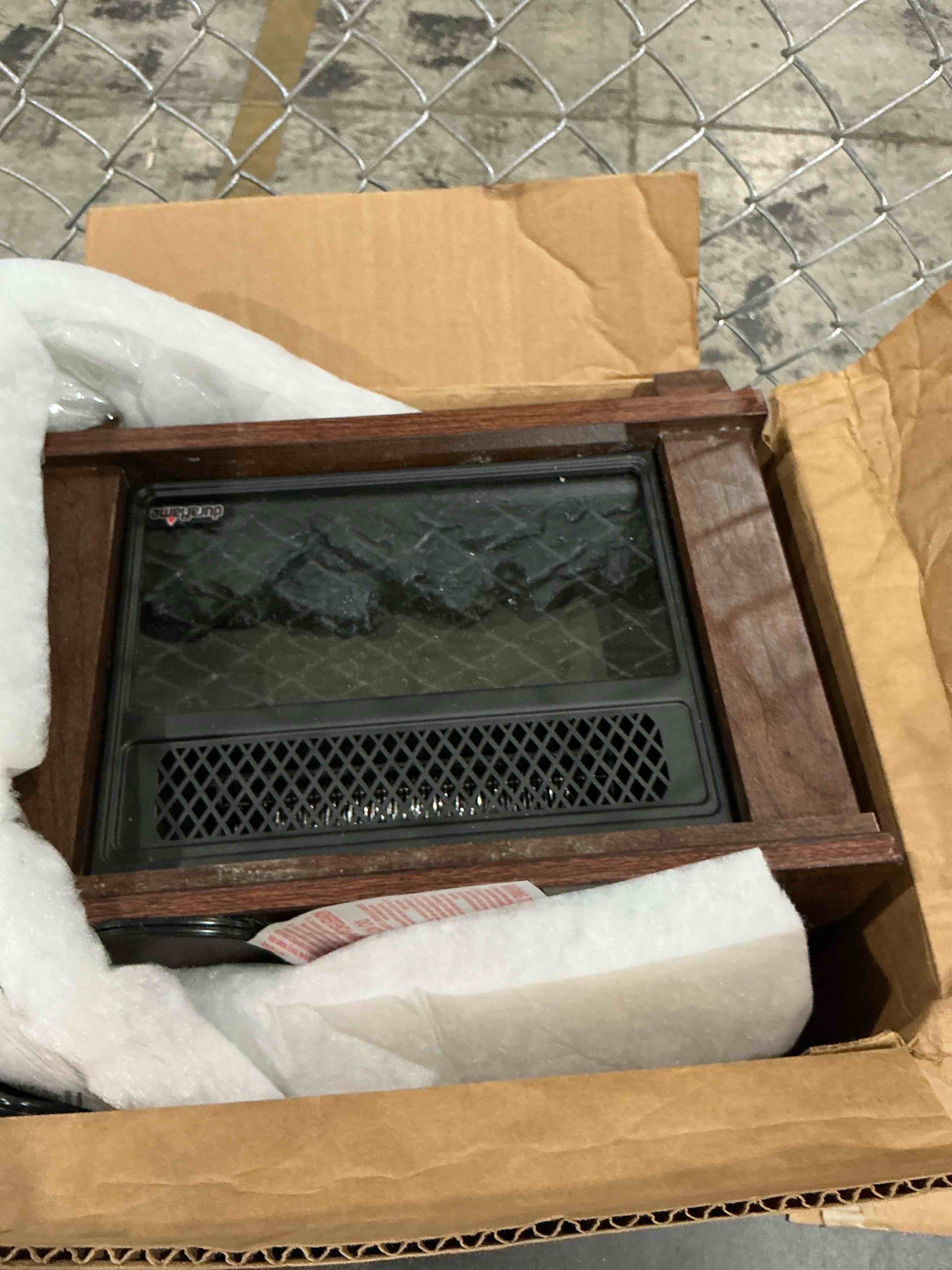 Condition photo showing As Is for duraflame tabletop portable electric heater and fireplace, walnut