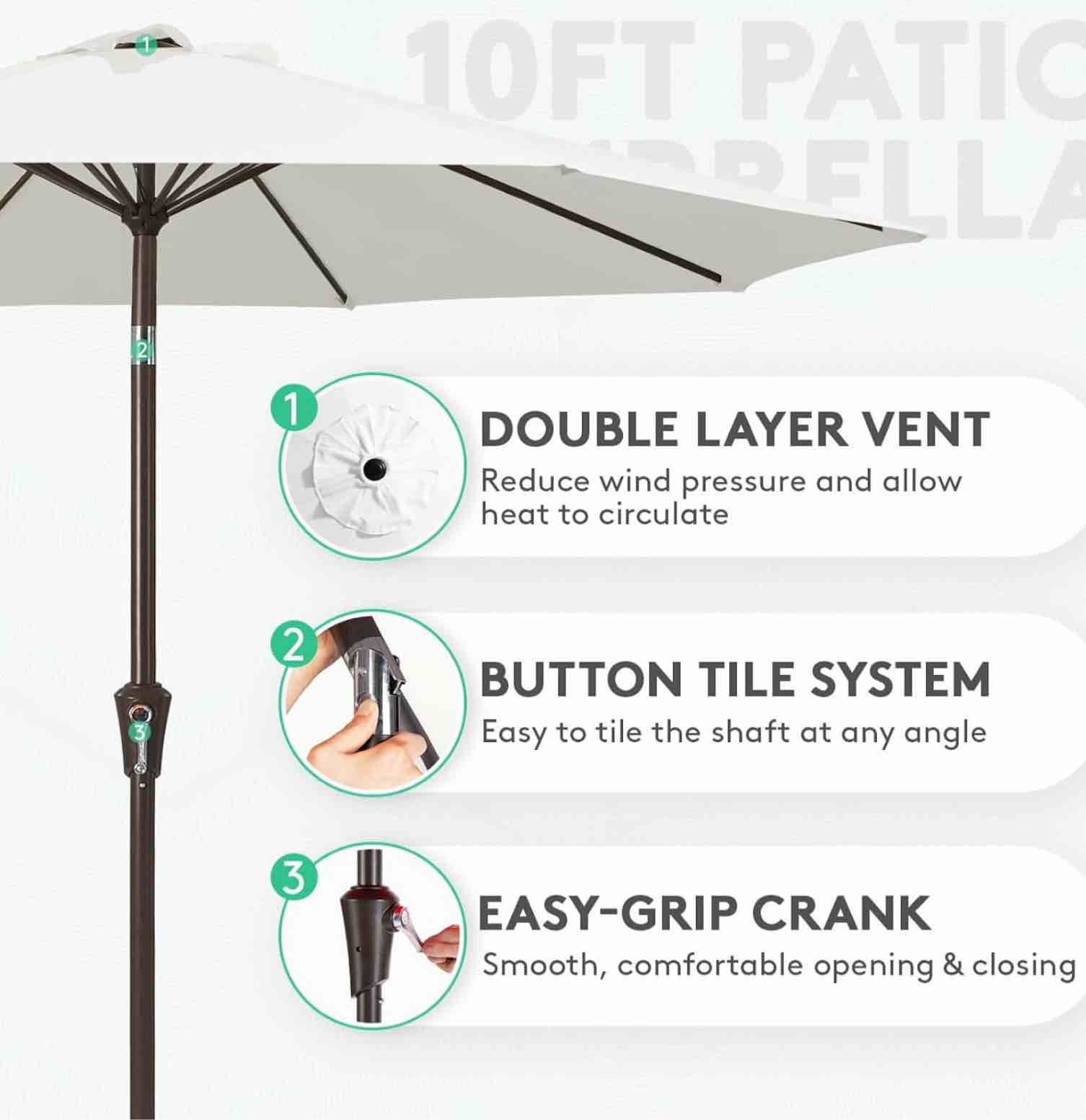 jearey 10ft patio umbrellas outdoor table umbrella with push button tilt and crank, market umbrella 8 sturdy ribs uv protection waterproof for pool, garden (white) 10ft white