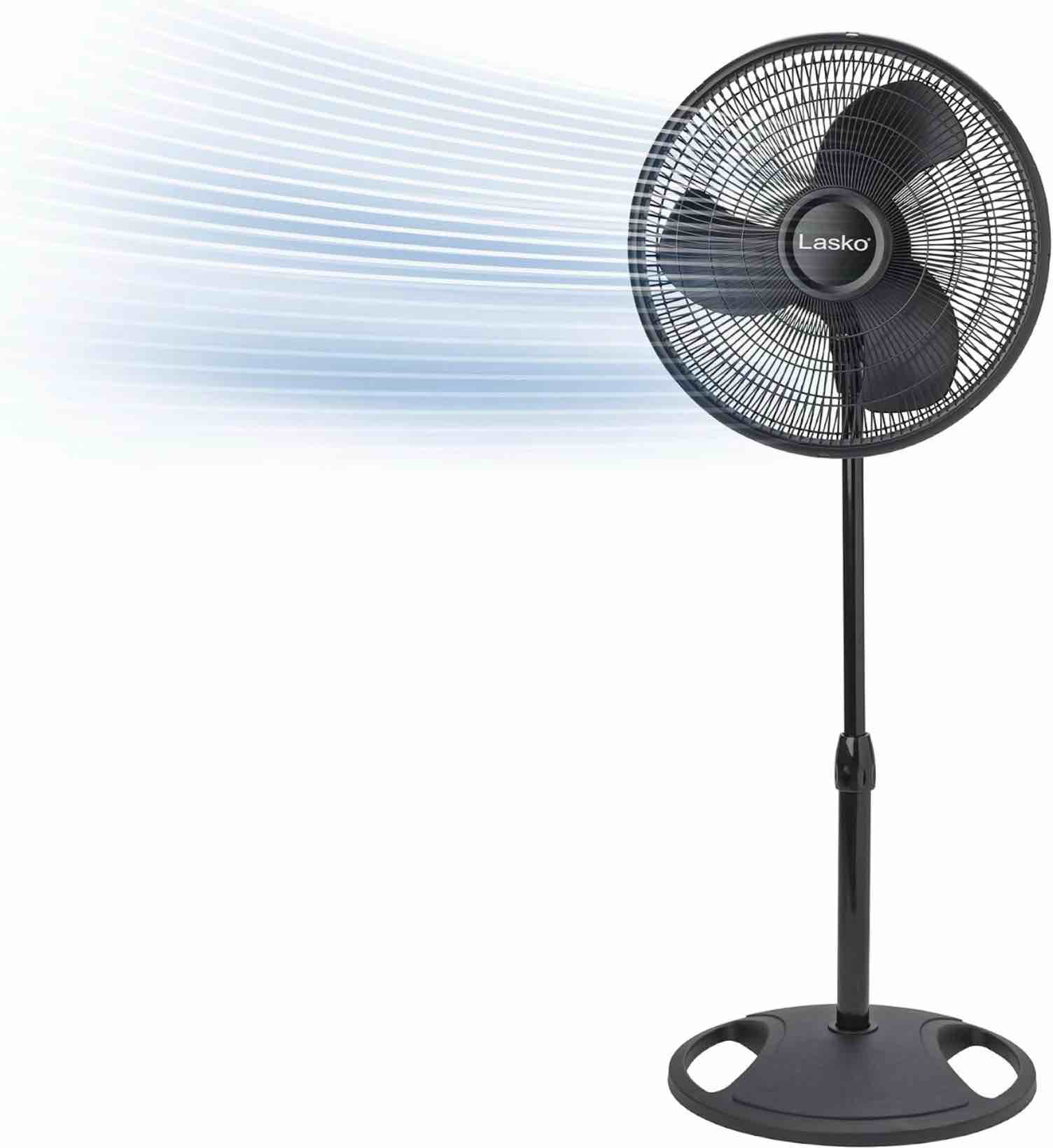 lasko 2521 16 inch 3-speed quiet adjustable tilting wide-area oscillating standing pedestal fan for bedroom, kitchen, home, and office, black