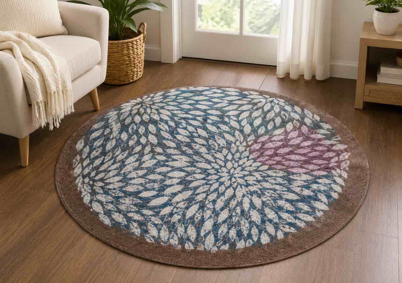 ultimate innovations bella blossom 94” round in/outdoor rug, taupe