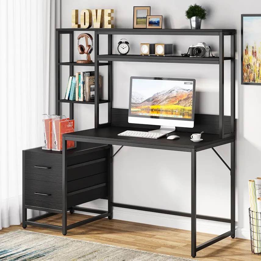 60" Tall Computer Desk with 2 Drawers and Storage Shelves
