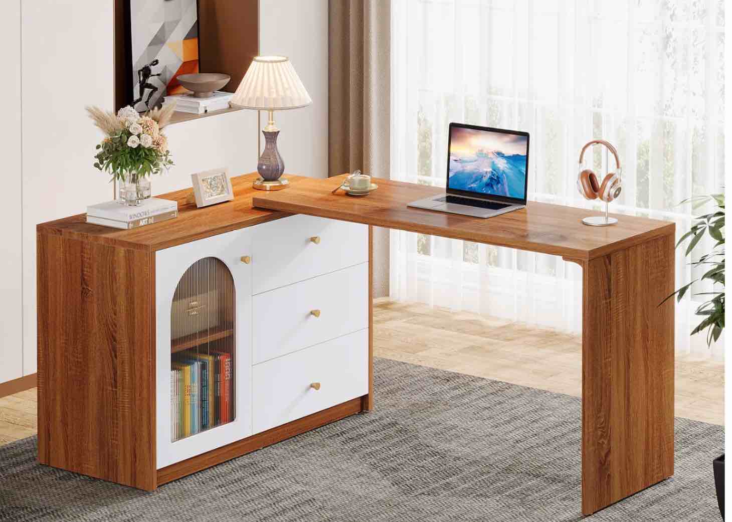 (incomplete only 1 box )) L-Shaped Computer Desk, Corner Office Desk with Reversible Storage Cabinet