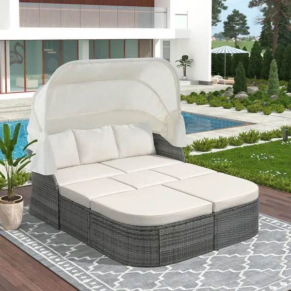 ((incomplete box 1/3))U_Style Outdoor Patio Daybed Sunbed With Retractable Canopy, Modular Rattan Conversation Set For Comfort
