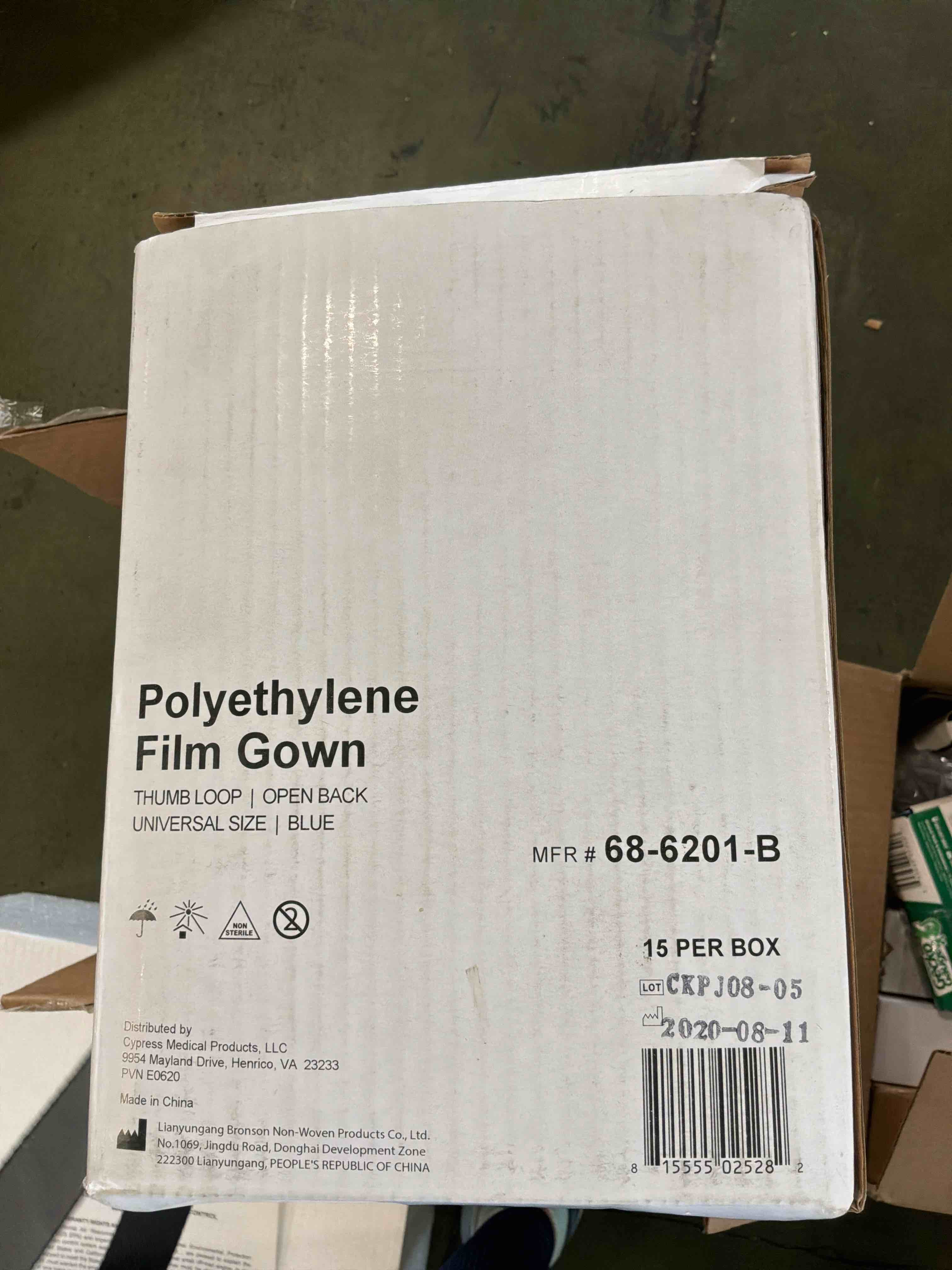 Condition photo showing Good Condition for 15per box polyethylene film gown thumb loop open back universal size blue 