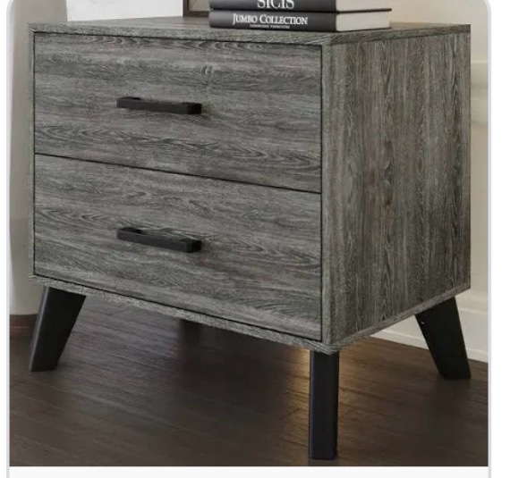 contemporary 2-drawer wooden nightstand with tapered legs, dark grey