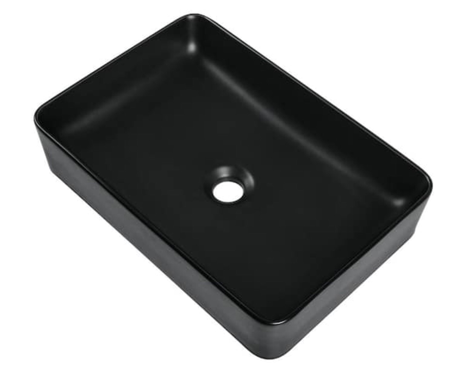 Condition photo showing As Is for rectangular vessel bathroom sink in matte black ceramic with faucet not included