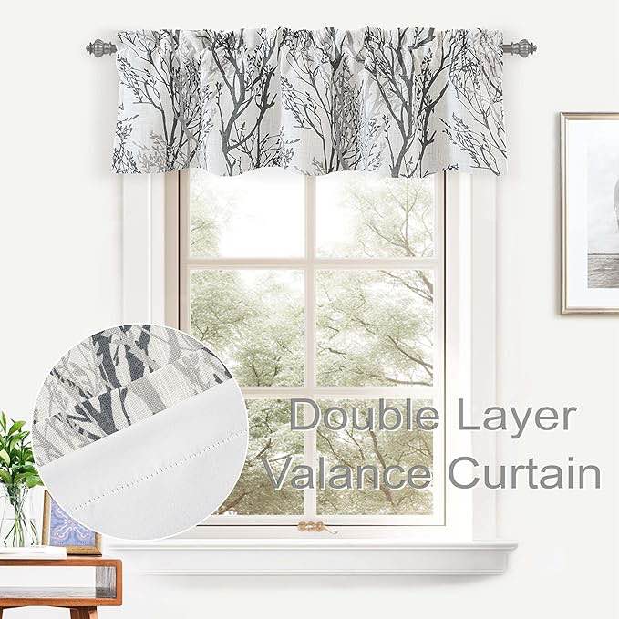 Condition photo showing Good Condition for tree branch linen lined valance double layer thermal insulated room darkening blackout valances 3 inch rod pocket short window valance for living room bathroom 52 inch by 14 inch gray