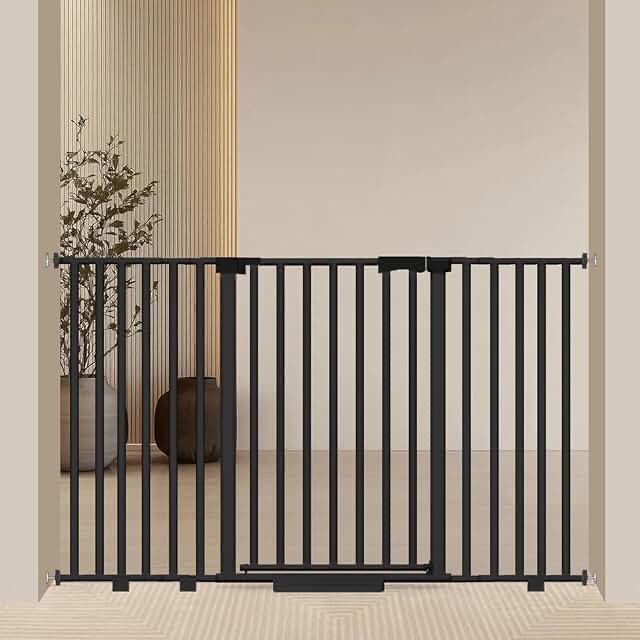 extra wide baby gate fits 30-63 inch wide opening, toddler pet gate for stairs doorways hallways indoor, walk thru large long dog gates pressure mounted black black-30" tall 29.9-63.0'' wide