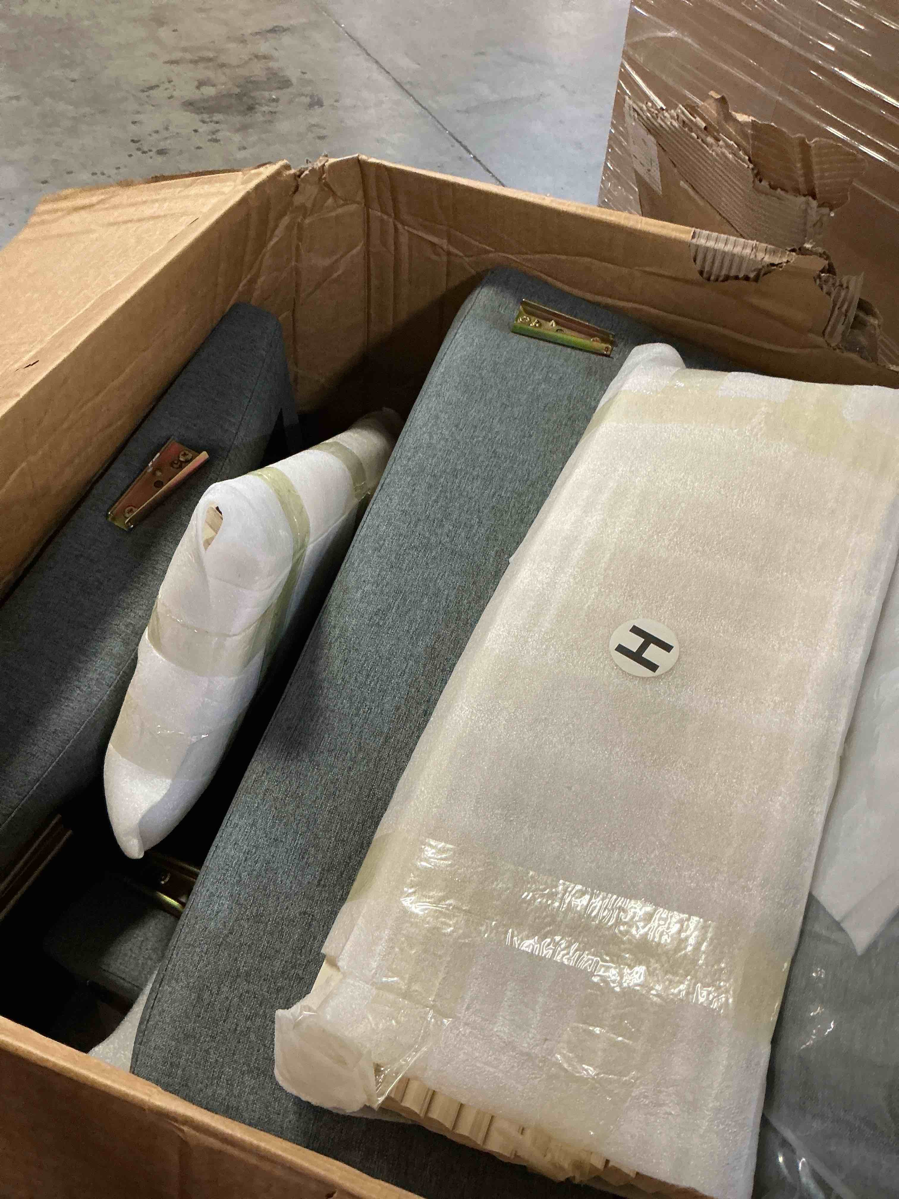 Condition photo showing As Is for (incomplete)(4 boxes for pickup) honbay corduroy sectional couch with storage l-shaped sectional couches for living room 6 seater sectional sofa, light grey light grey 5 seats + ottoman