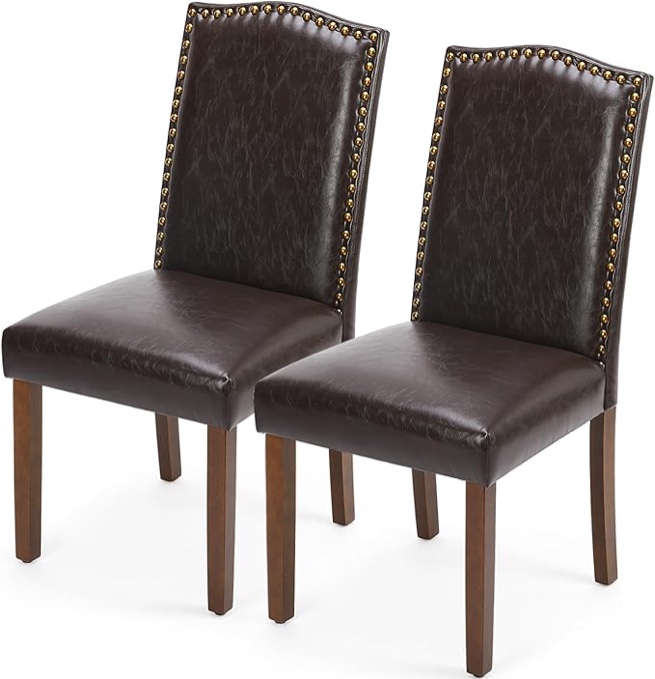 dumos upholstered dining chairs?set of 2 pu leather dining room kitchen chair with nailhead trim and wood legs, modern side chairs for living room-brown