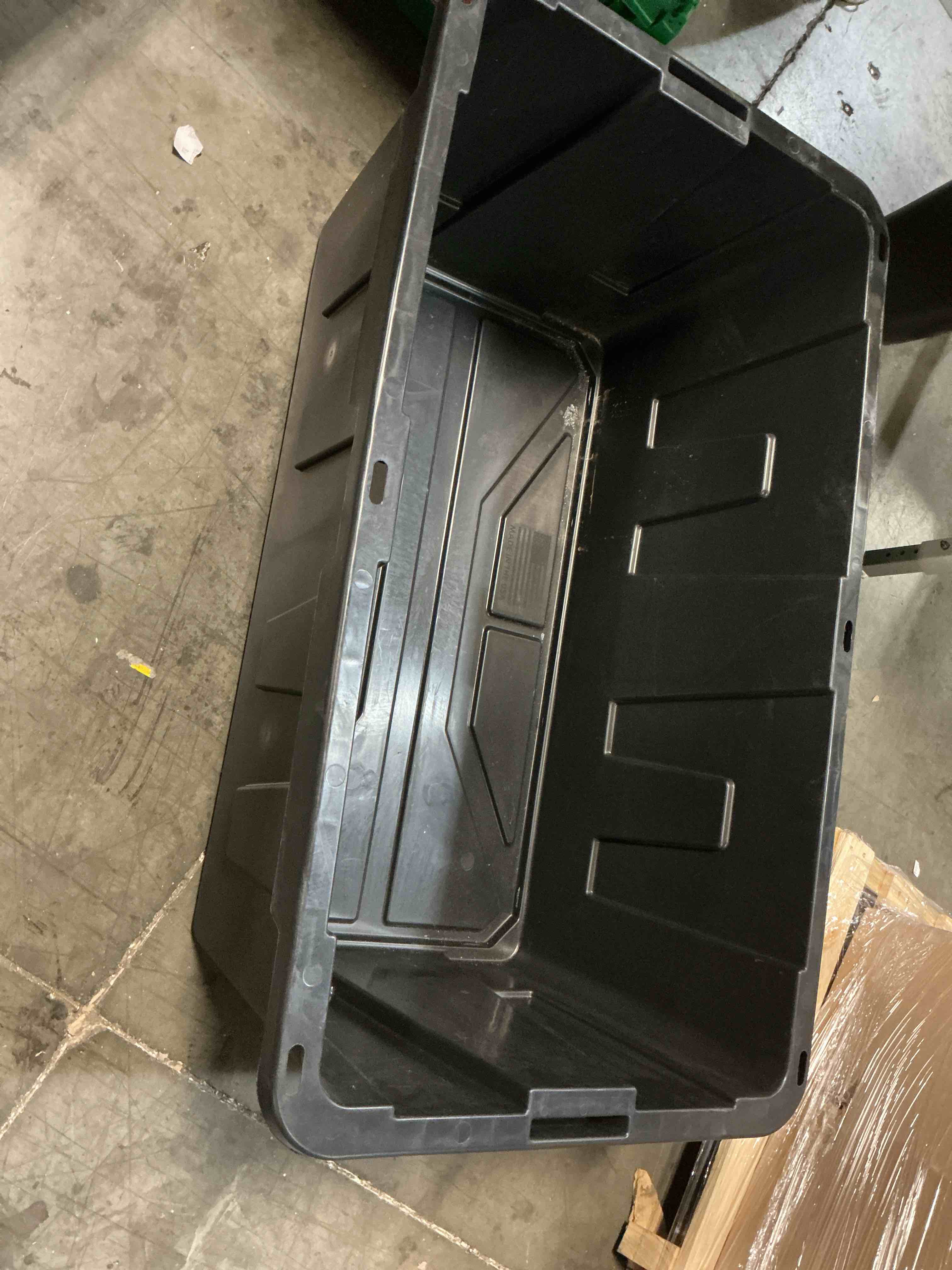 Condition photo showing As Is for (incomplete ) centrex plastics, llc commander 40-gallon black tote with latching lid