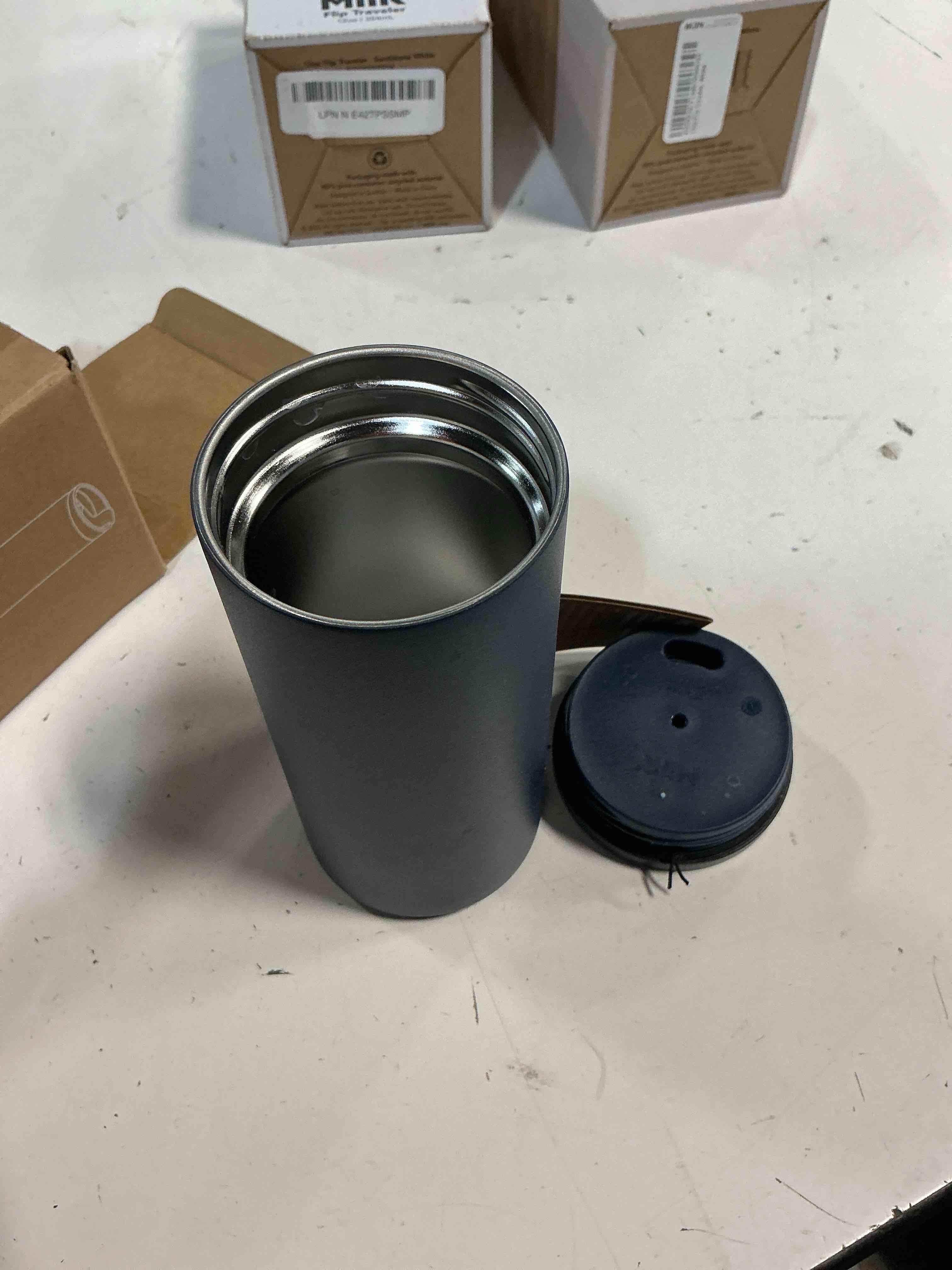 Condition photo showing As Is for miir flip traveler 12oz - double-wall vacuum insulated with flip lid, bpa-free stainless steel construction, insulated tumbler for hot or cold drinks
