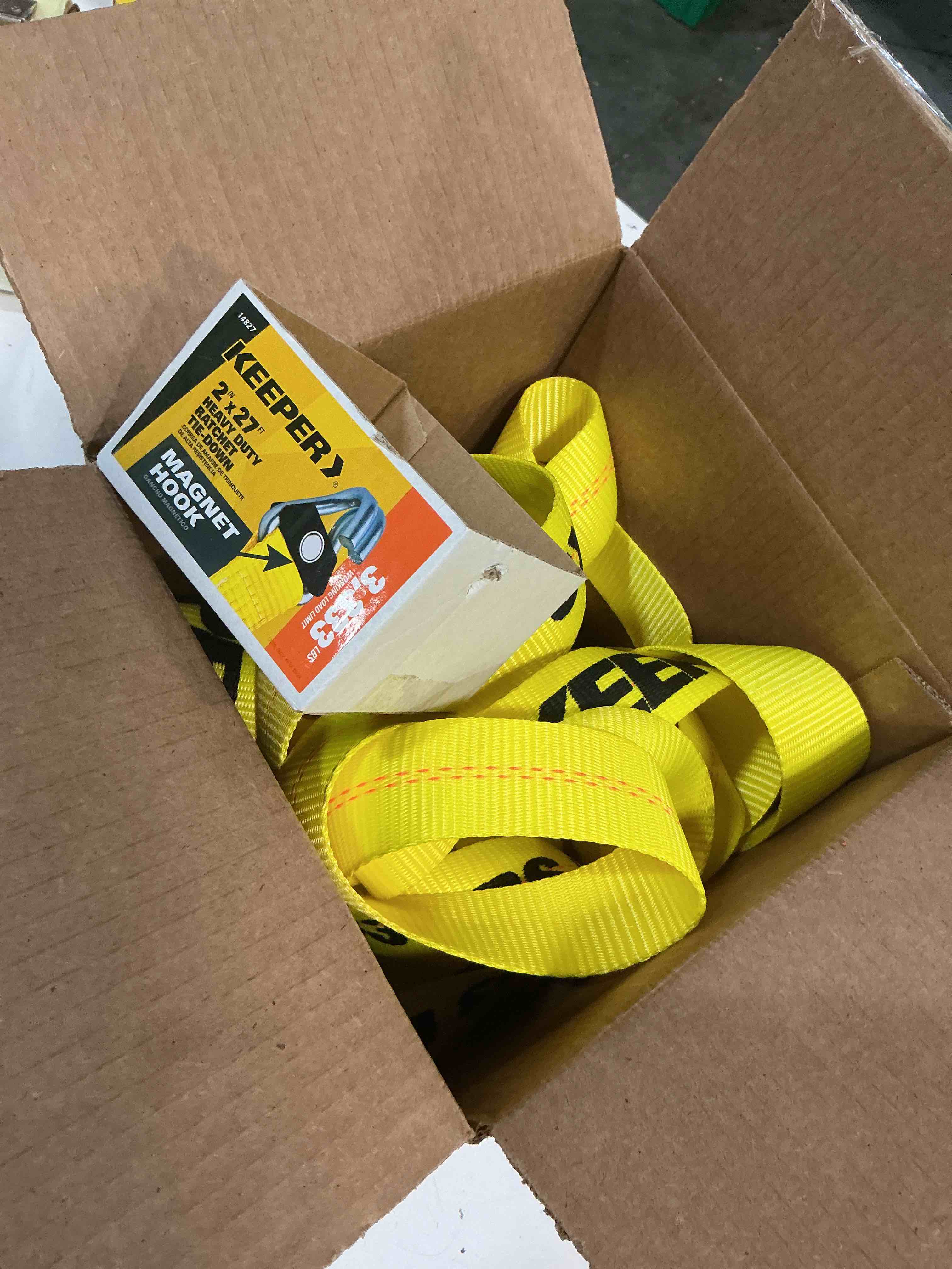 Condition photo showing As Is for keeper 2in x27ft heavy duty ratchet strap with magnetic j hook