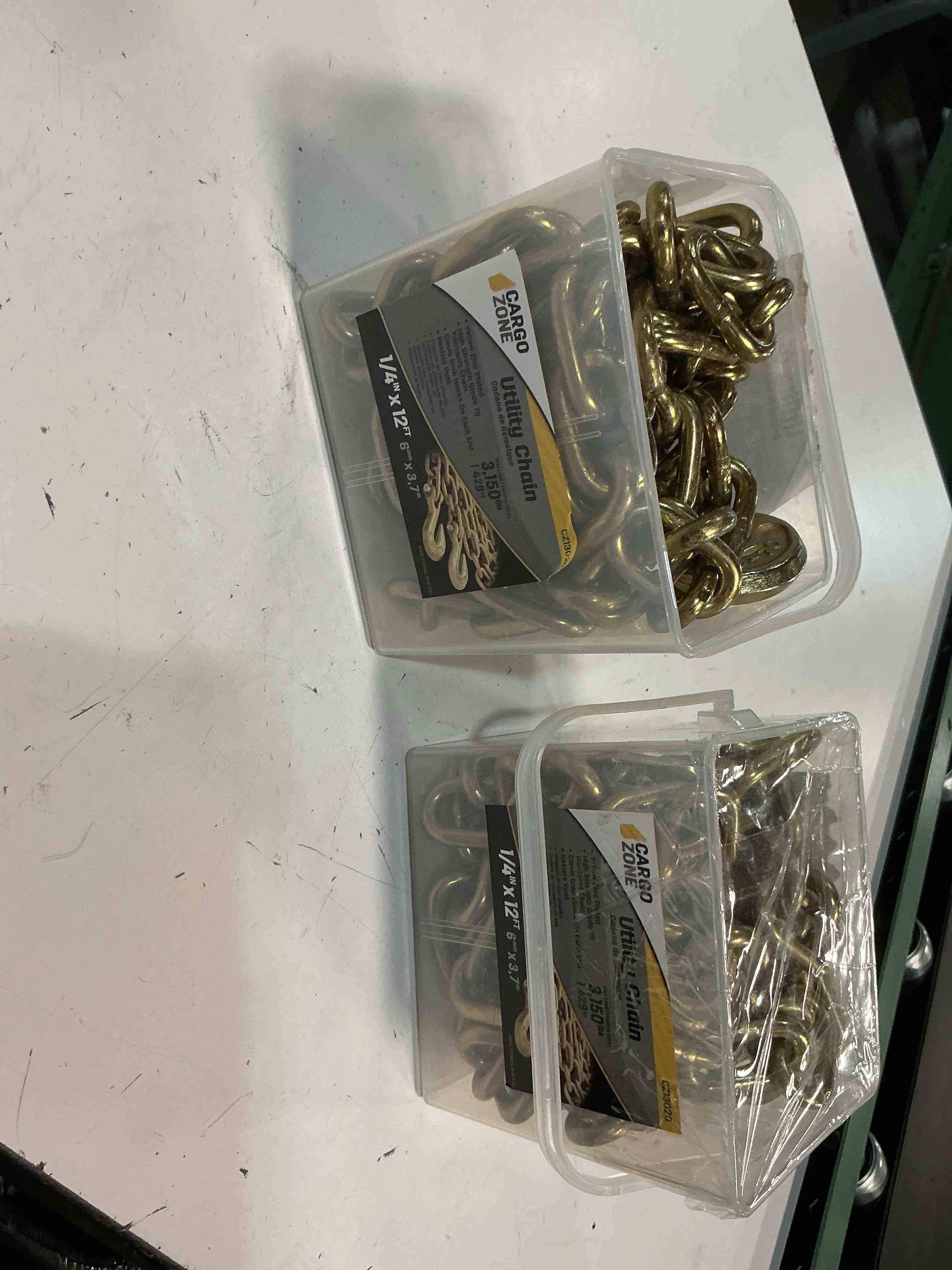 Condition photo showing Good Condition for transport binder chain 1/4'' inch x 12 feet,tow chain with g70 clevis grab hooks,3300 lbs safe working load logging for transporting, towing(1/4'' x 12ft yellow).