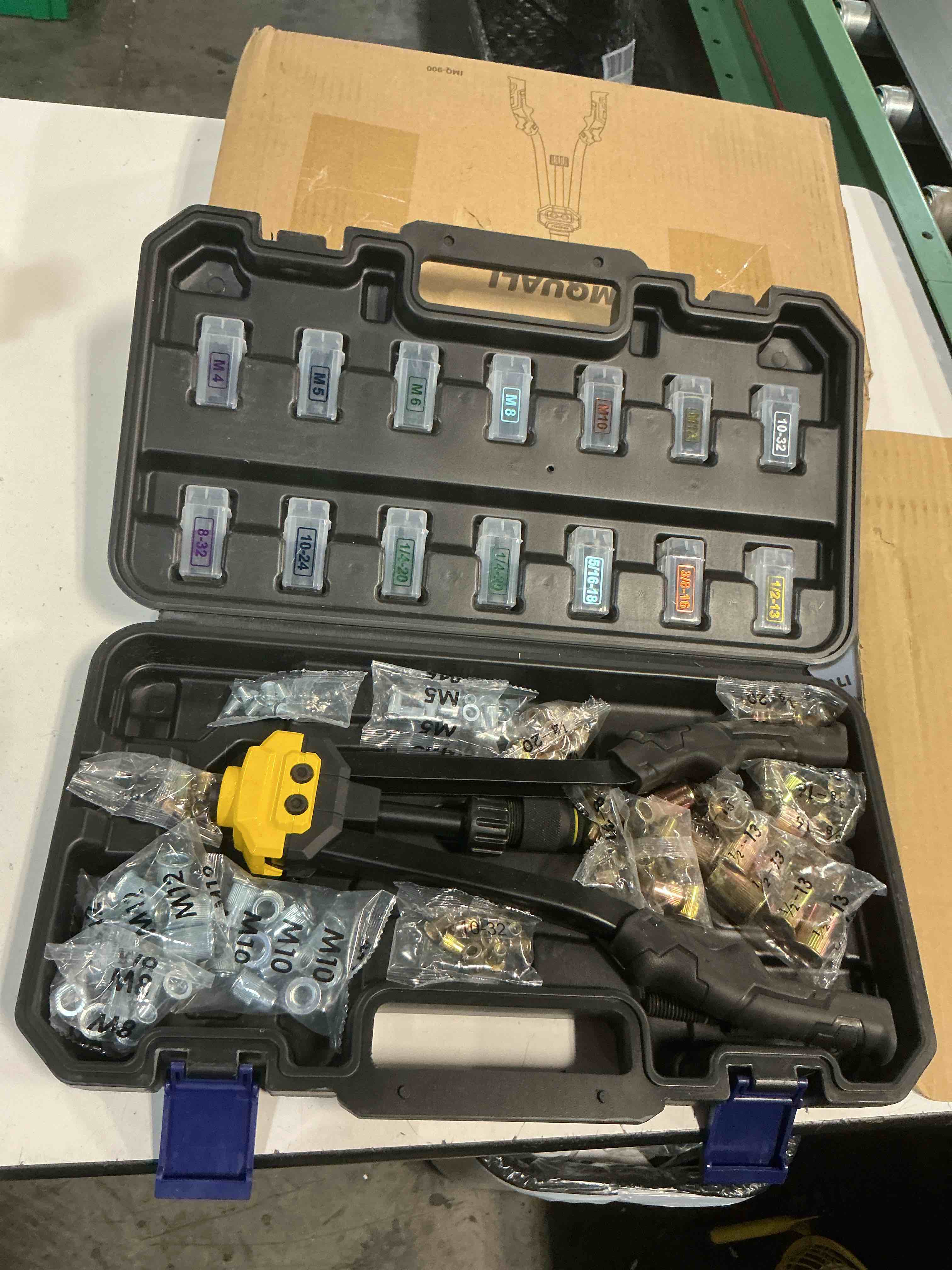 Condition photo showing Good Condition for rivet nut tool rivet nut kit, 16" rivnut tool kit with 14 metric & sae mandrels rivet nut assortment kit with 140 rivet nuts, hand riveters nutsert tool kit with durable blow molded case black