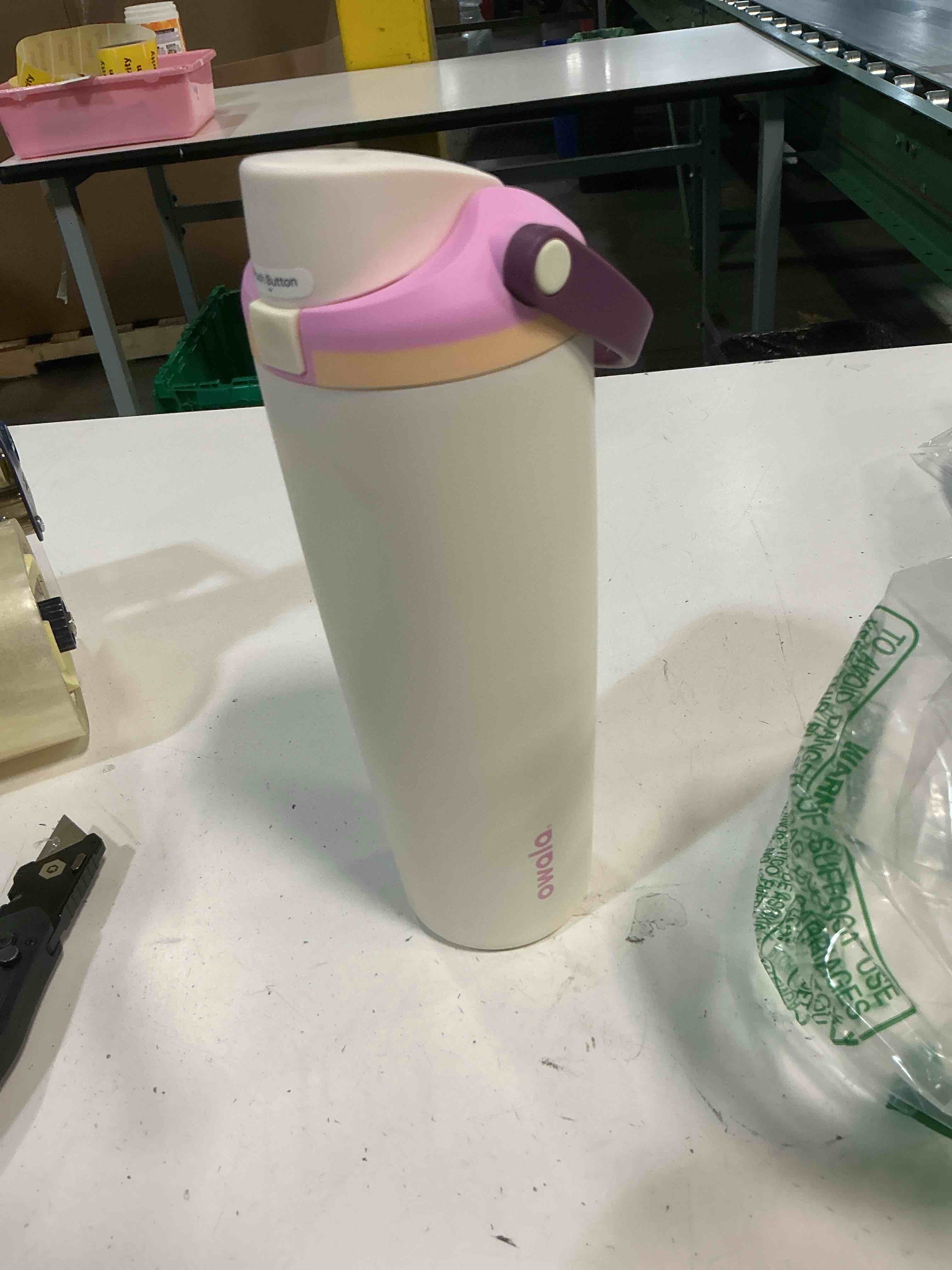 Condition photo showing As Is for owala freesip sway insulated stainless steel water bottle with two-way spout, built-in straw and bucket handle, made for travel, school, and sports, 30oz, bpa free, leak proof, daybreak daybreak 30 ounces
