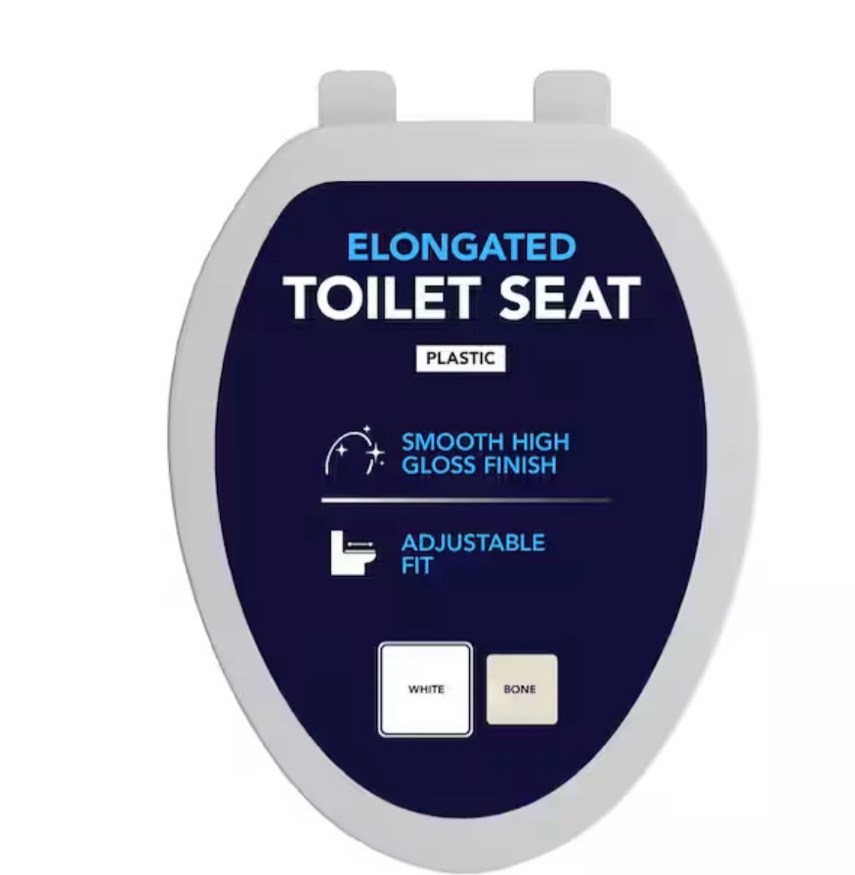 Elongated Toilet Seat with Adjustable Hinges in White Plastic, Standard Size Fit