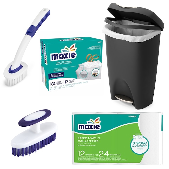 MOXIE All in One Kitchen Cleaning Collection with Trash Can, Trash Bag, Paper Towel, and Scrub