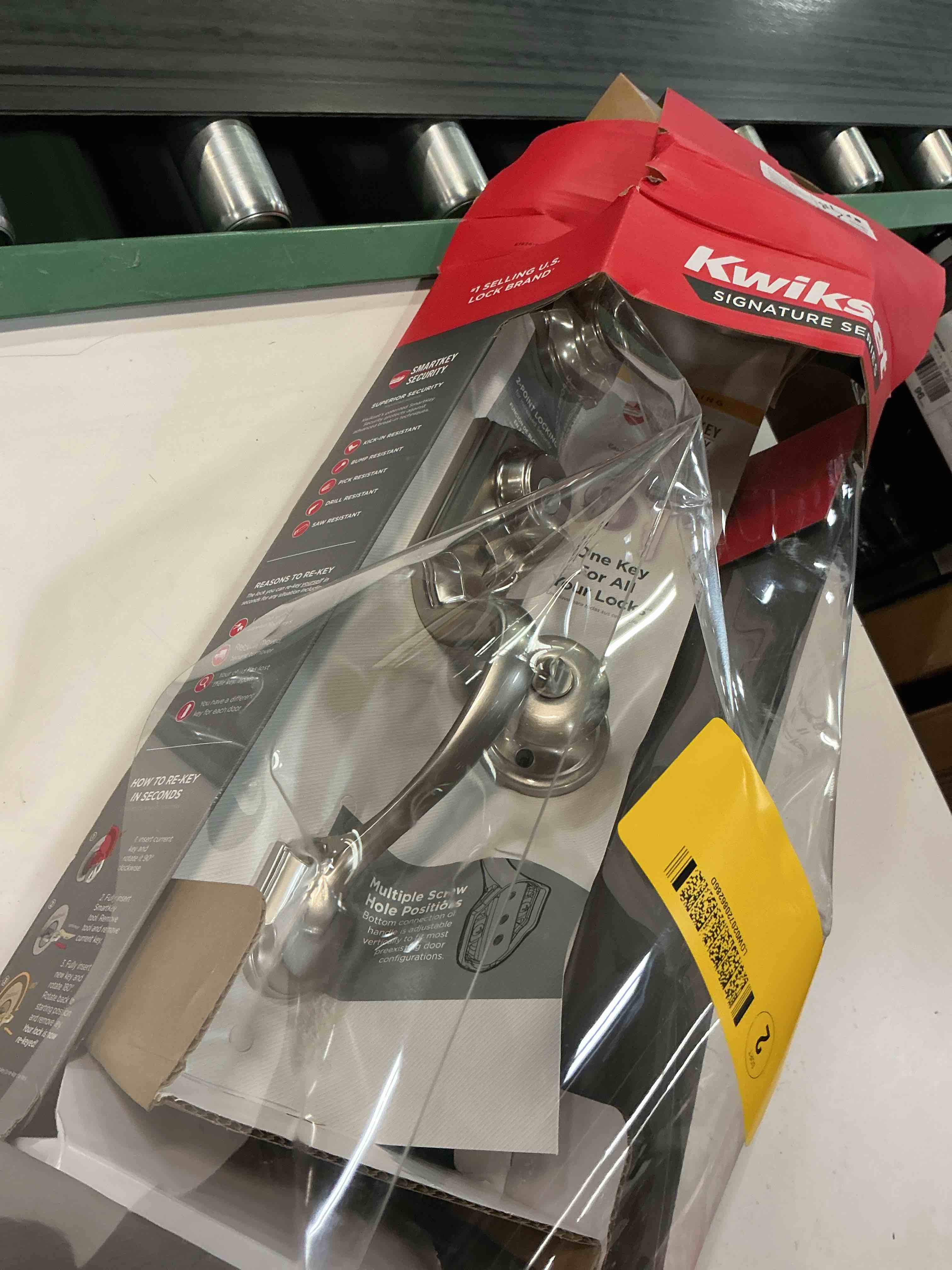 Condition photo showing Good Condition for kwikset montara front door lock handle and deadbolt set, entry handleset exterior with interior doorknob, satin nickel, pick resistant smartkey rekey deadbolt security, with microban protection
