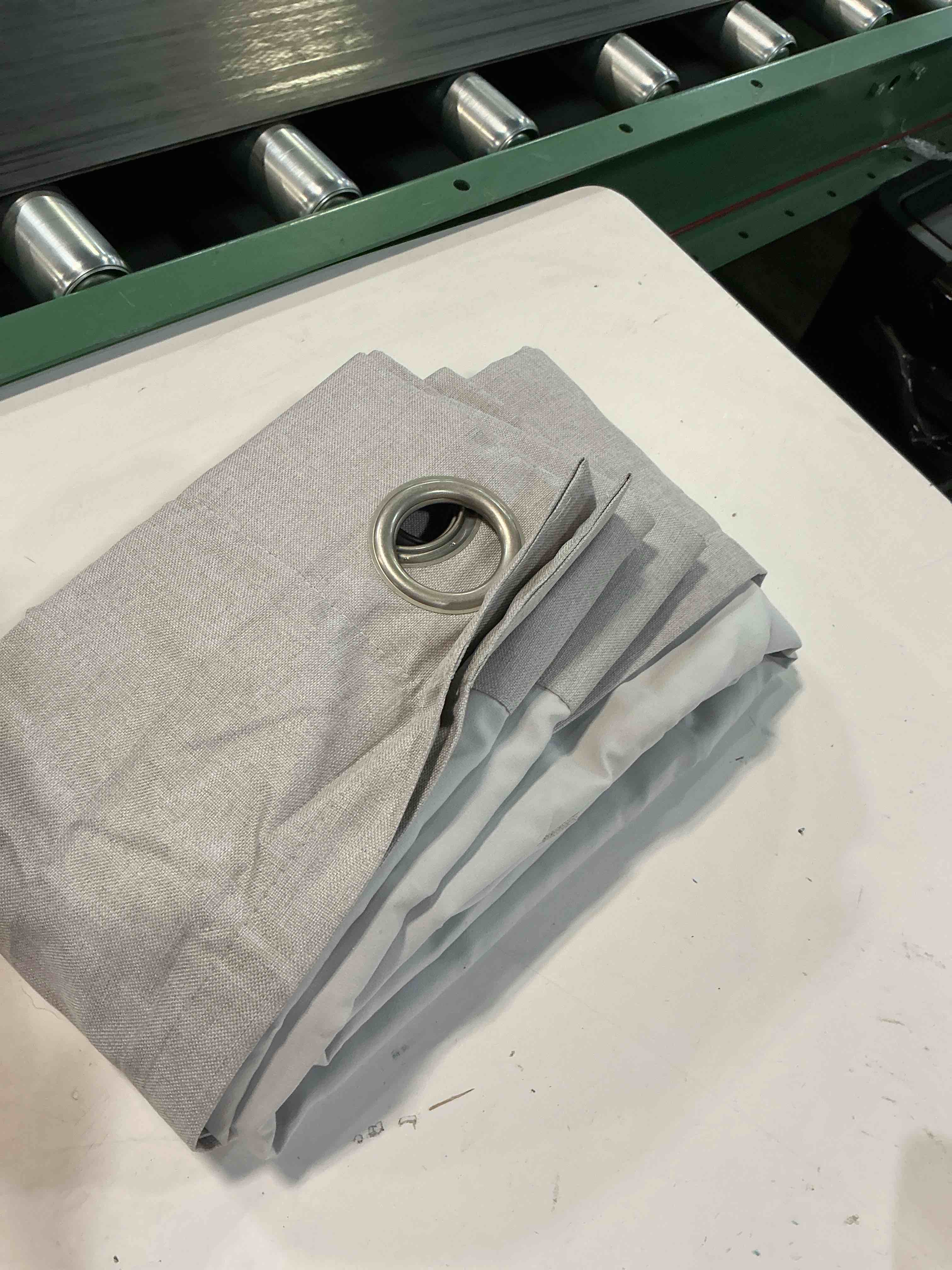 Condition photo showing As Is for  allen + roth 84-in charcoal grey blackout grommet curtain panel pair