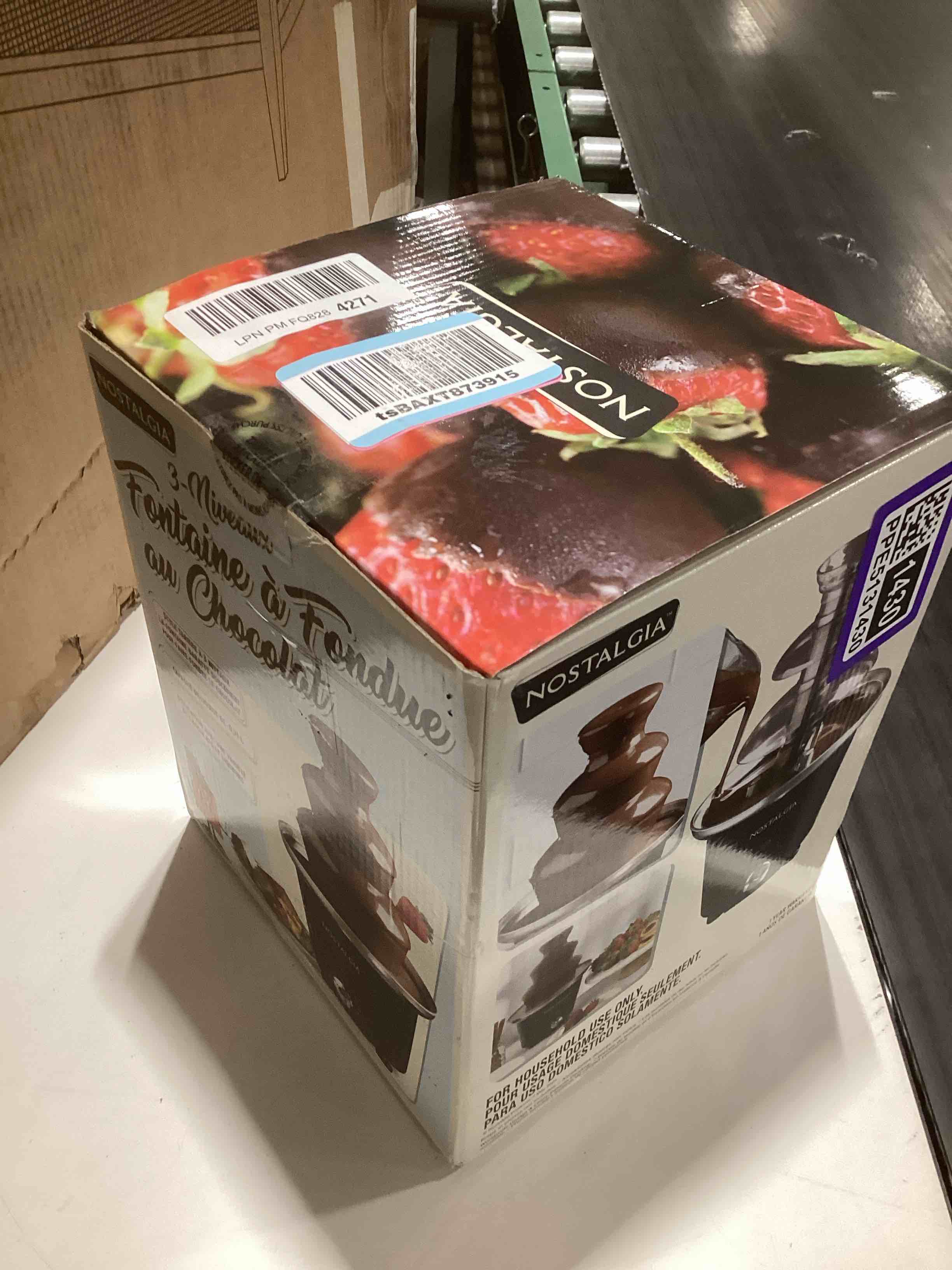 Condition photo showing As Is for nostalgia 3 tier electric chocolate fondue fountain machine for parties - melts cheese, queso, candy, and liqueur - dip strawberries, apple wedges, vegetables, and more - 24-ounce - black, small